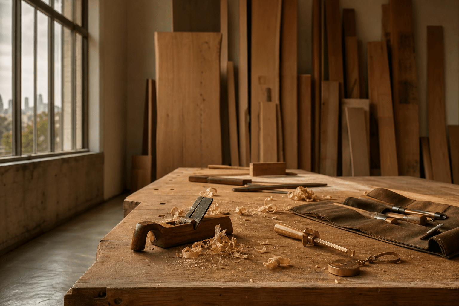 The Goldenwood workshop bench at late afternoon, hand tools laid out, timber stacks behind