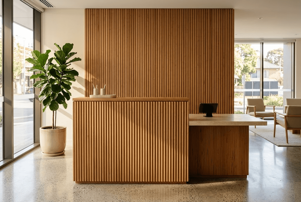 Custom blackbutt reception desk with a fluted front and timber slat wall in a Sydney commercial office lobby