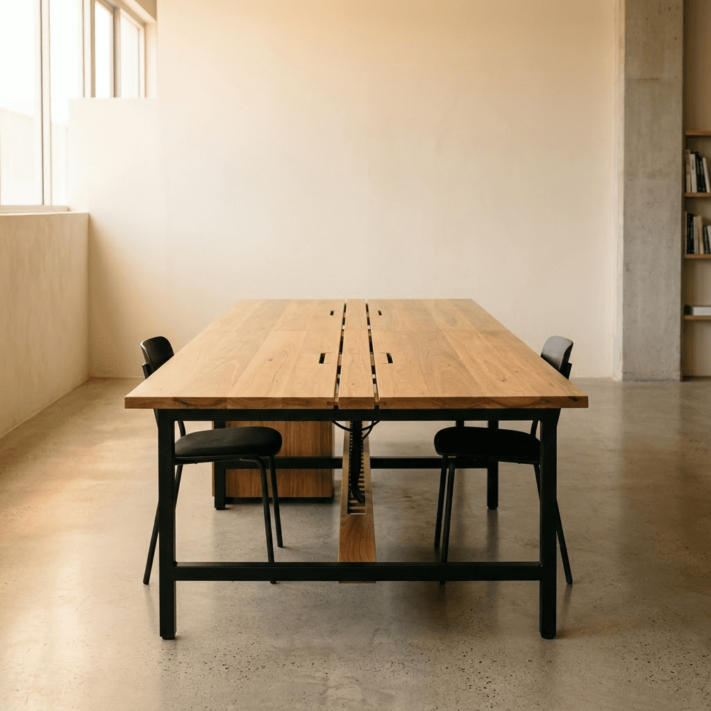 Shared workstation bench in solid spotted gum with a blackened steel underframe and central cable spine