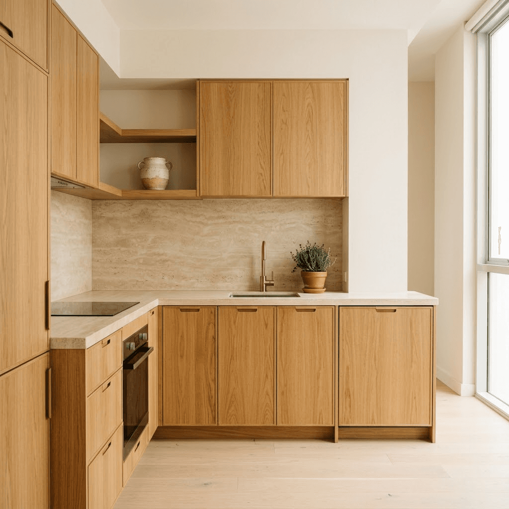 New-apartment kitchen with Australian oak fronts, recessed finger pulls and a honed stone benchtop