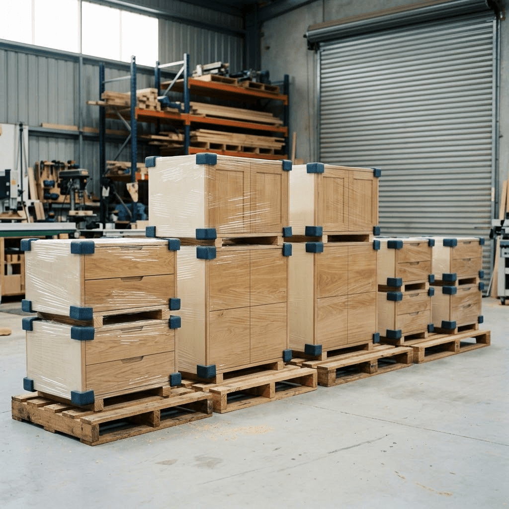 Finished oak-fronted joinery modules wrapped on pallets and staged for delivery