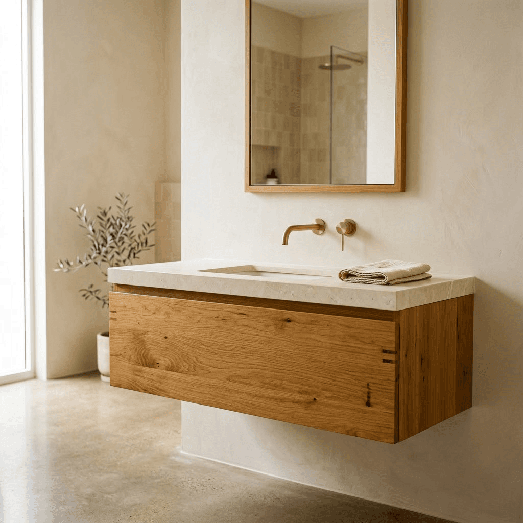 Wall-hung oak bathroom vanity with an integrated stone top and brushed-brass tapware