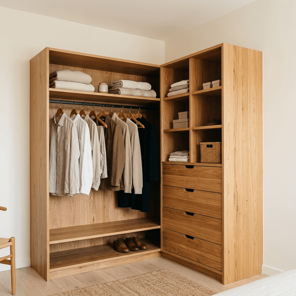 Open wardrobe fit-out in Australian oak with a blackened metal hanging rail and drawer bank