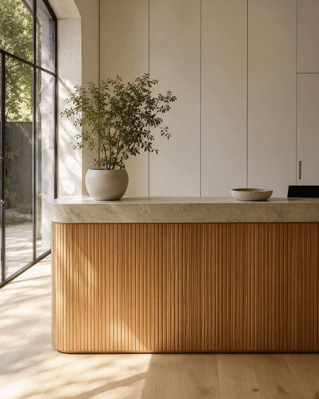 A reception desk and storage wall in oak and two-pack