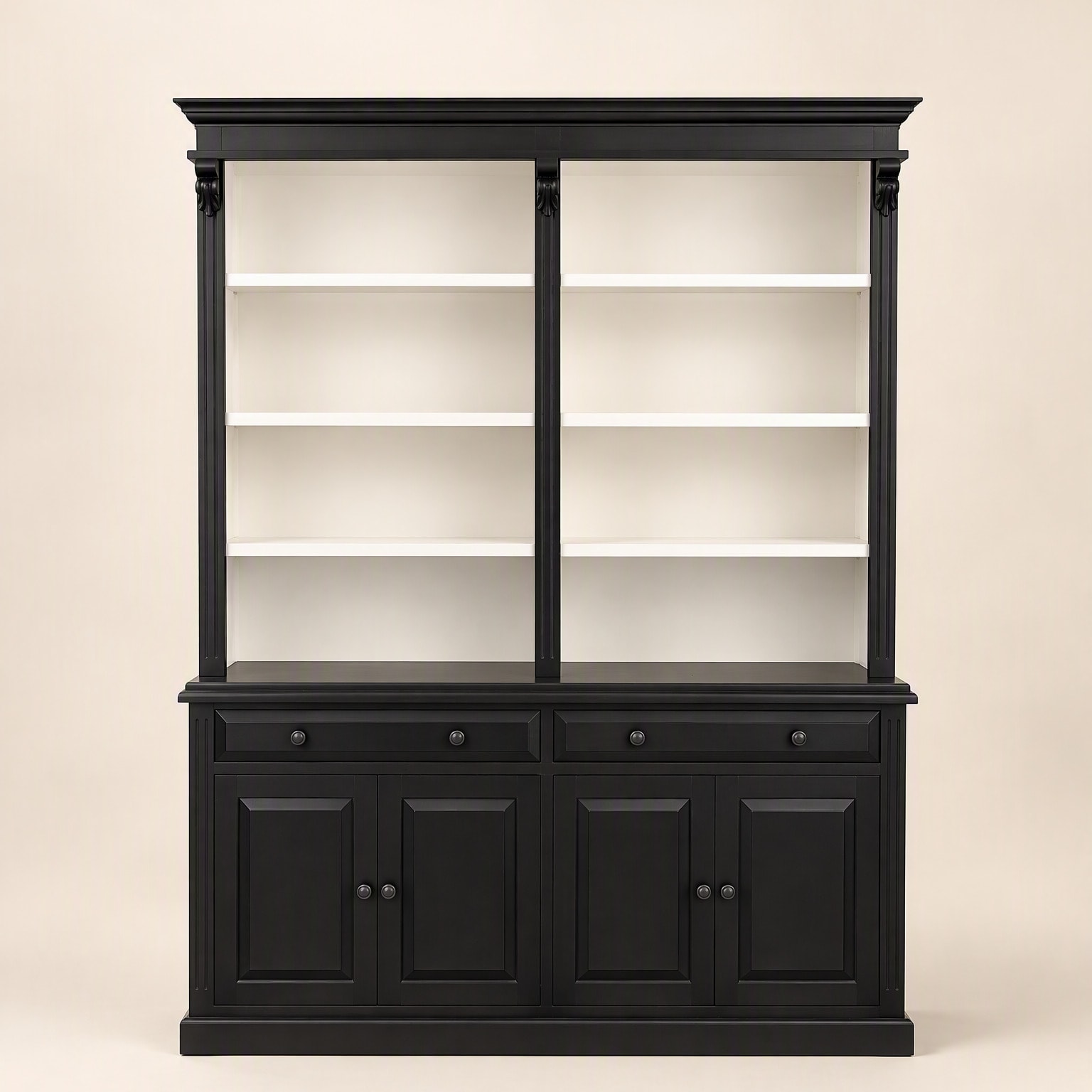 A black bookcase with white-lined open shelves over a cupboard and drawer base