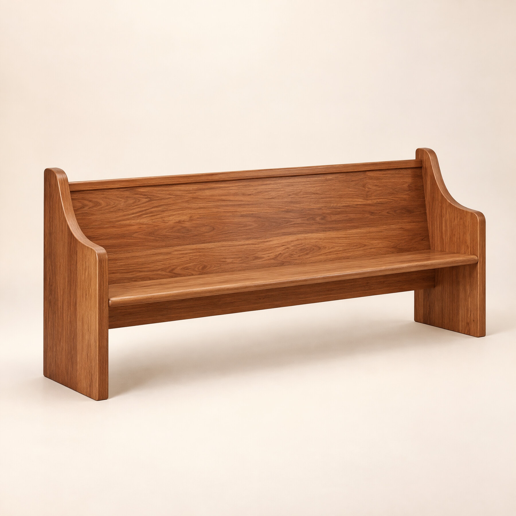 A solid-timber church pew with curved ends, three-quarter view, on a cream studio background