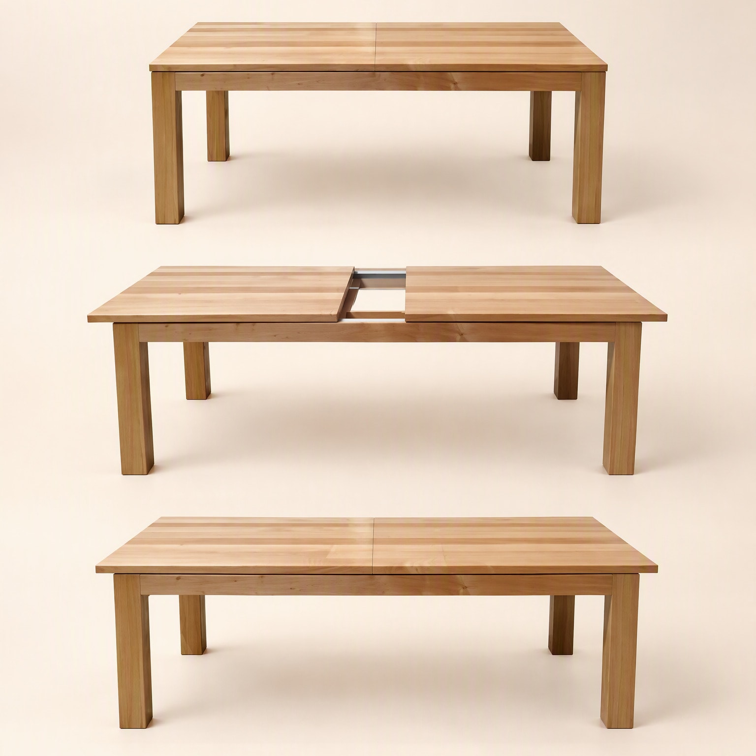 A Tasmanian Oak extension dining table shown closed, opening and fully extended