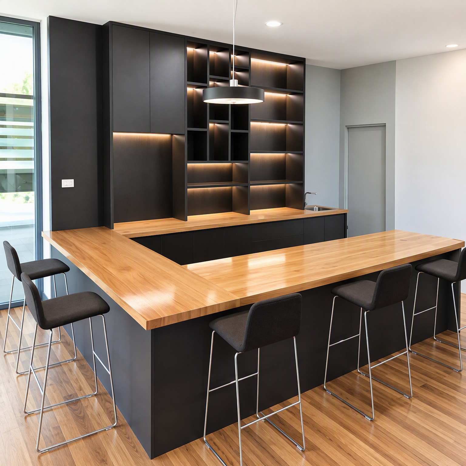 A kitchen with a black island, a timber breakfast bar and lit open shelving