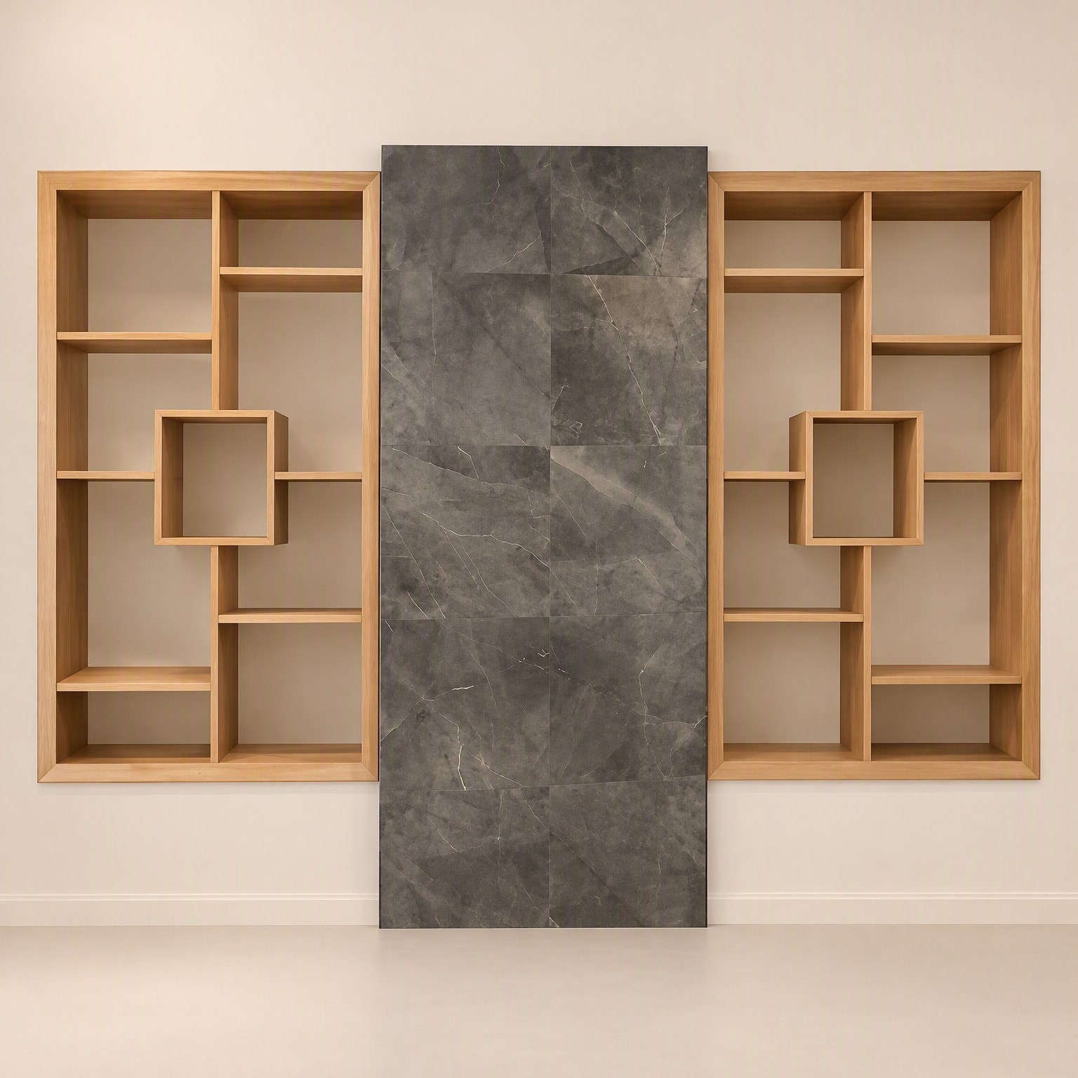 Open timber shelves with square niches, set either side of a stone-look panel