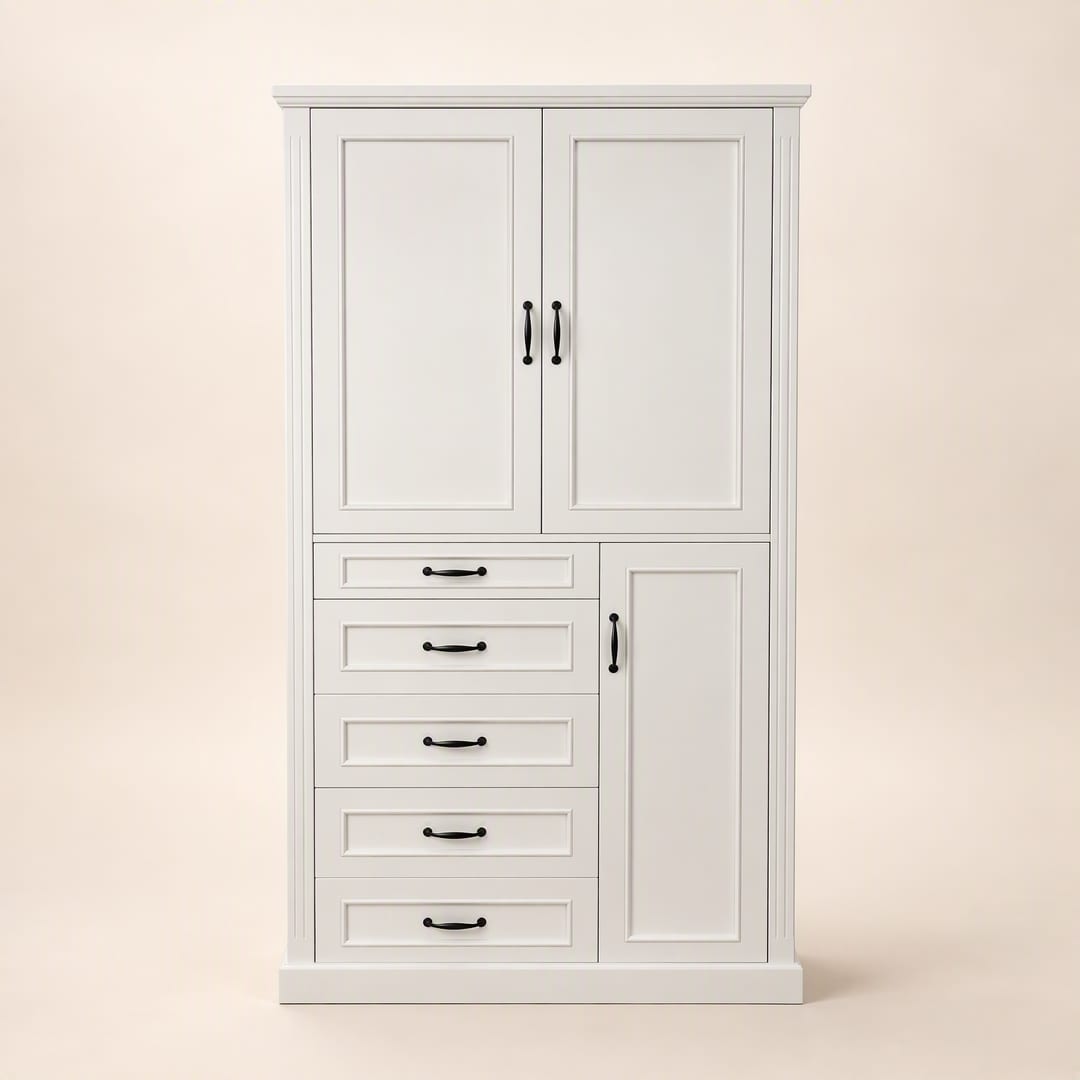 A tall white linen cupboard with a double-door top over a bank of drawers