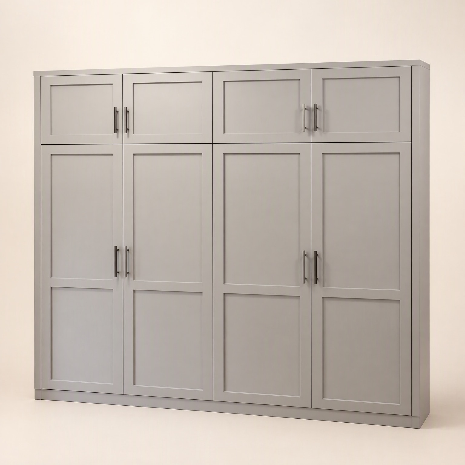 A grey shaker wardrobe with overhead cupboards above four pairs of doors