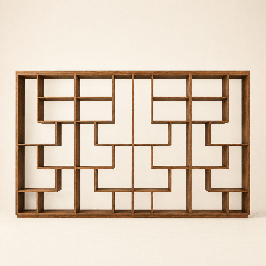The Atlas Wall Shelf in Tasmanian Oak, a lattice of open compartments