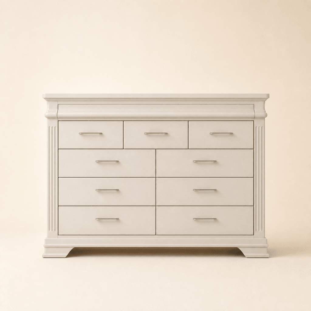 The Chantilly Classic Dresser: nine drawers in a white case with fluted corners