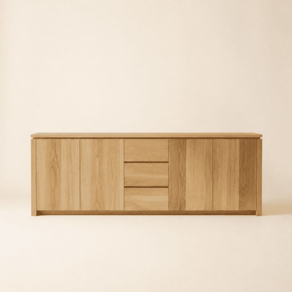 The Blackbutt Media Console: doors either side of a stack of drawers