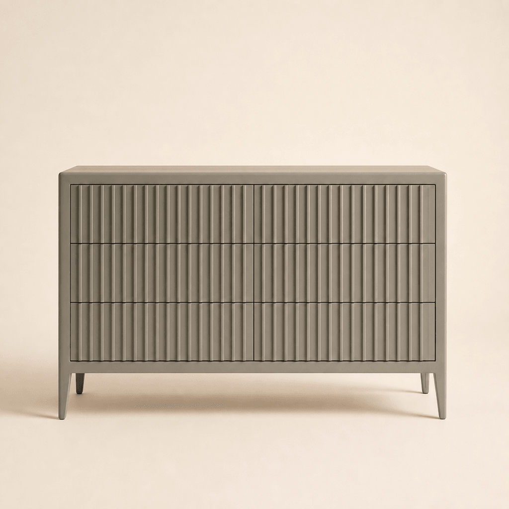 The Stirling Dresser: a grey chest of fluted drawers on tapered legs