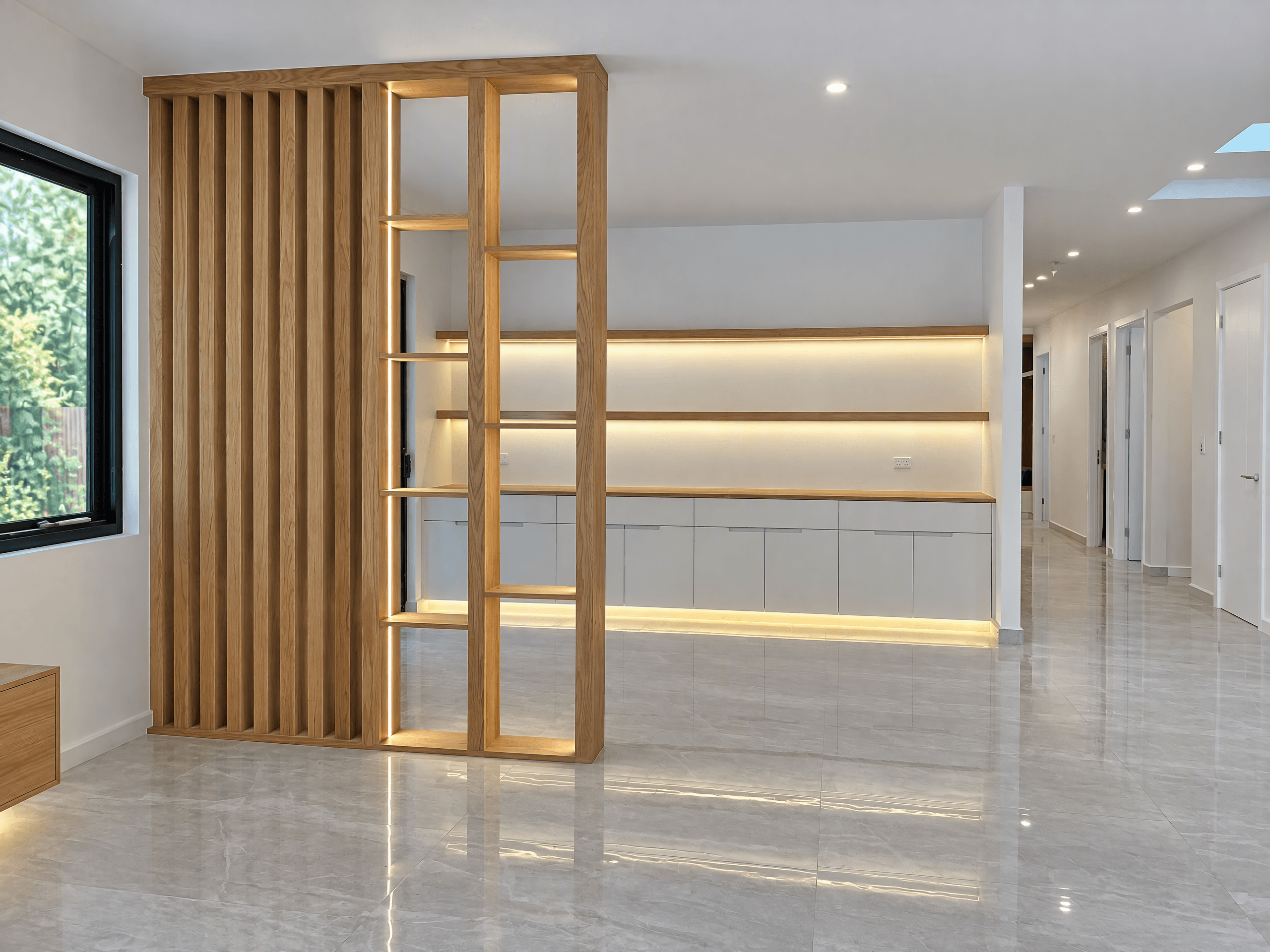 Timber slat room divider with lit open shelves, in front of a wall of low cupboards and floating shelves