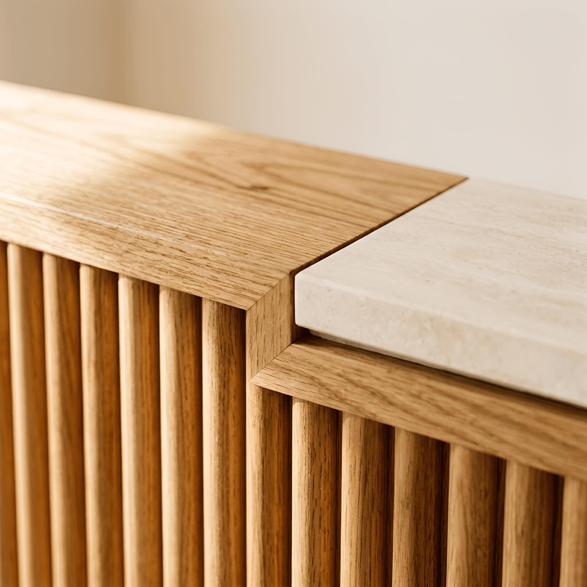 A fluted timber counter front meeting a honed stone top