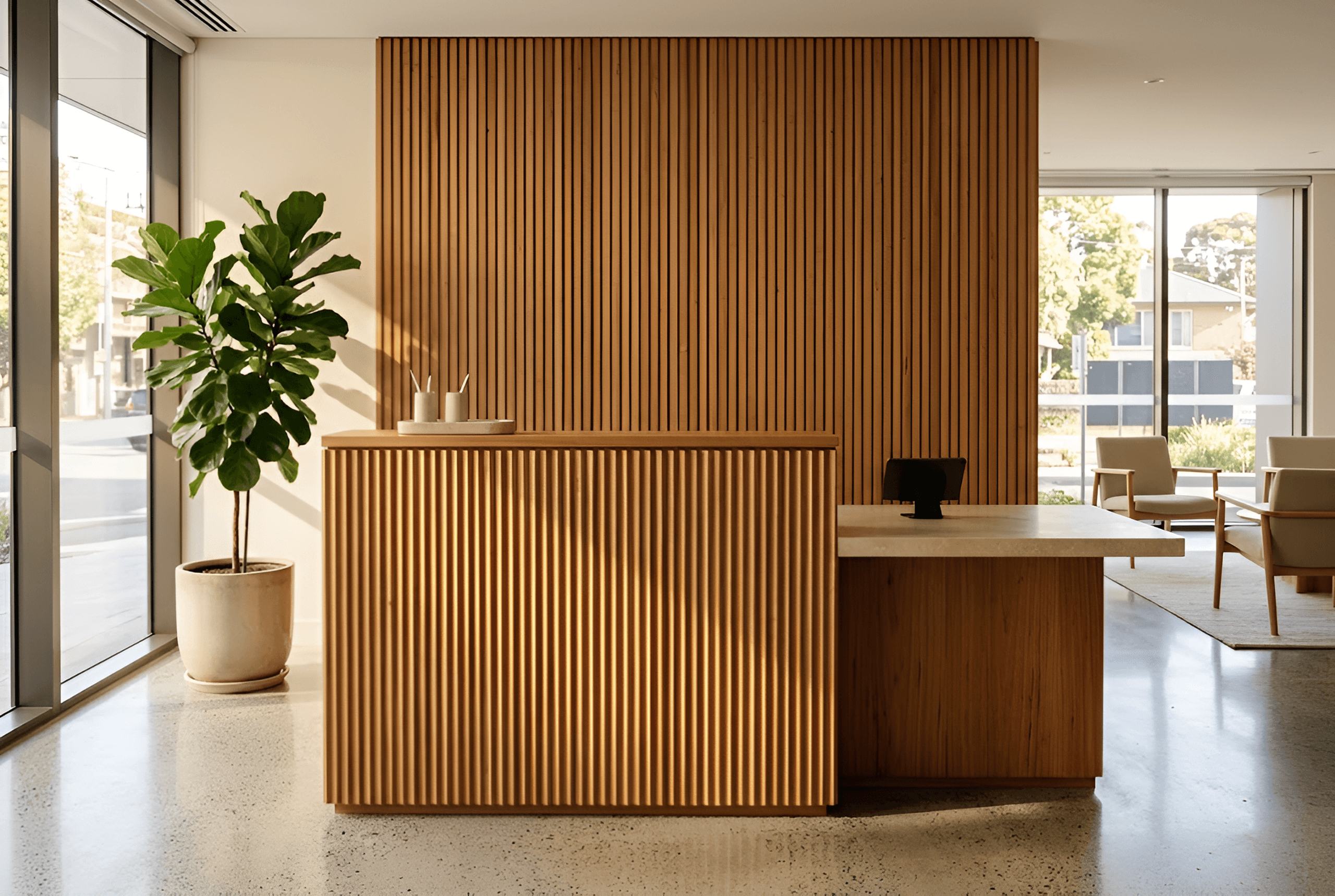 A fluted timber counter beside a stone-topped desk, in front of a slatted timber wall