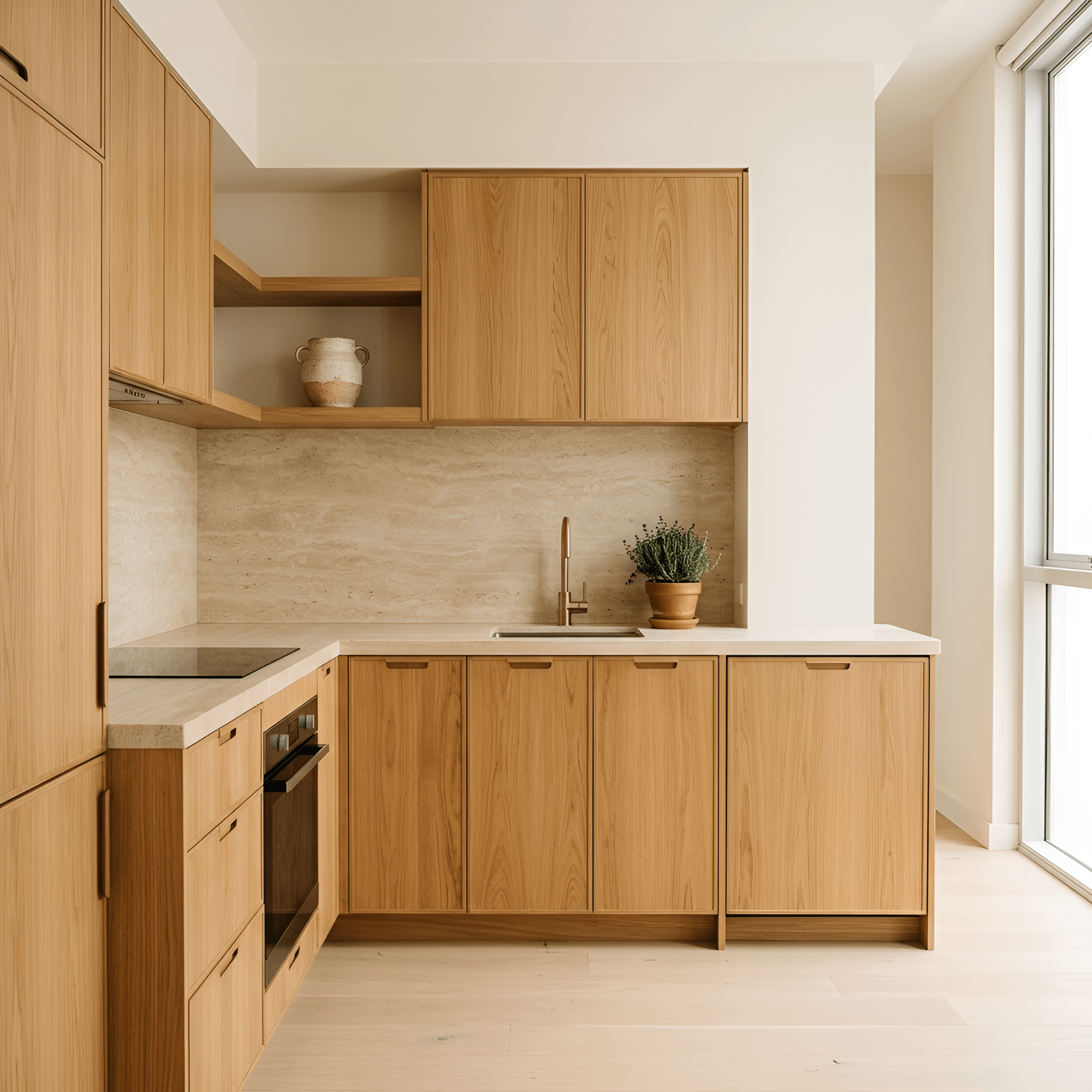 An apartment kitchen in oak with a stone benchtop