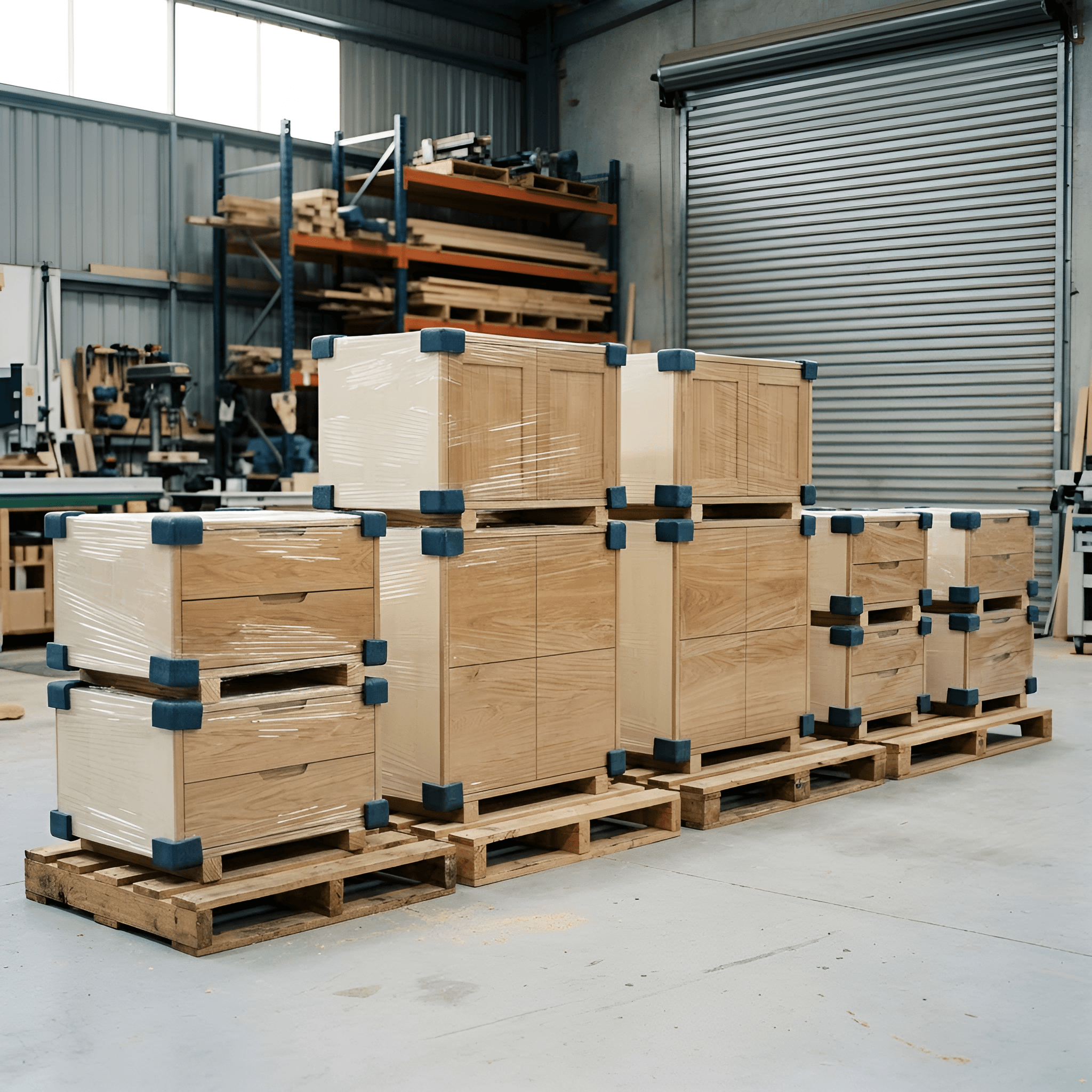 Finished oak-fronted joinery modules wrapped on pallets for delivery
