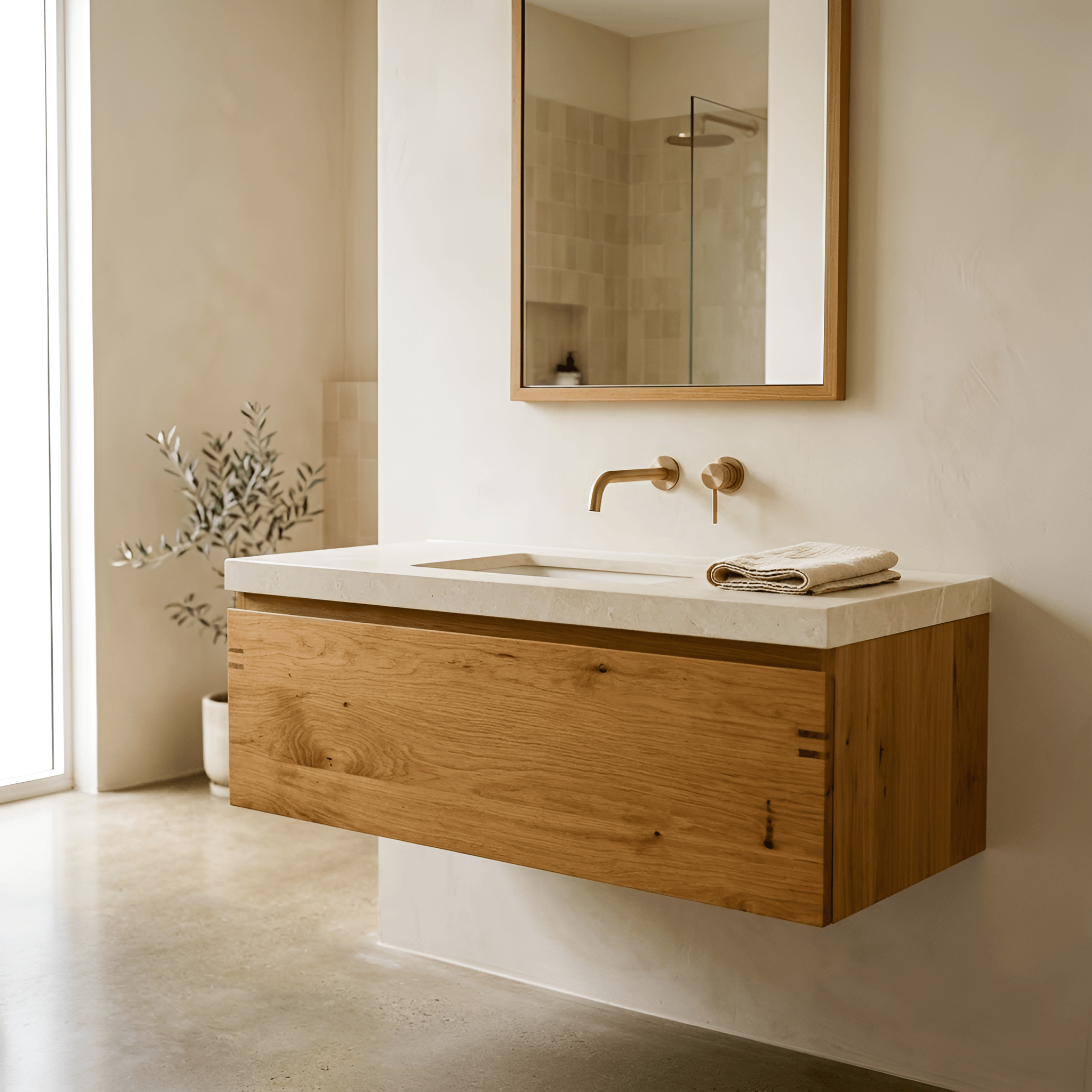 A wall-hung oak bathroom vanity with an integrated stone top