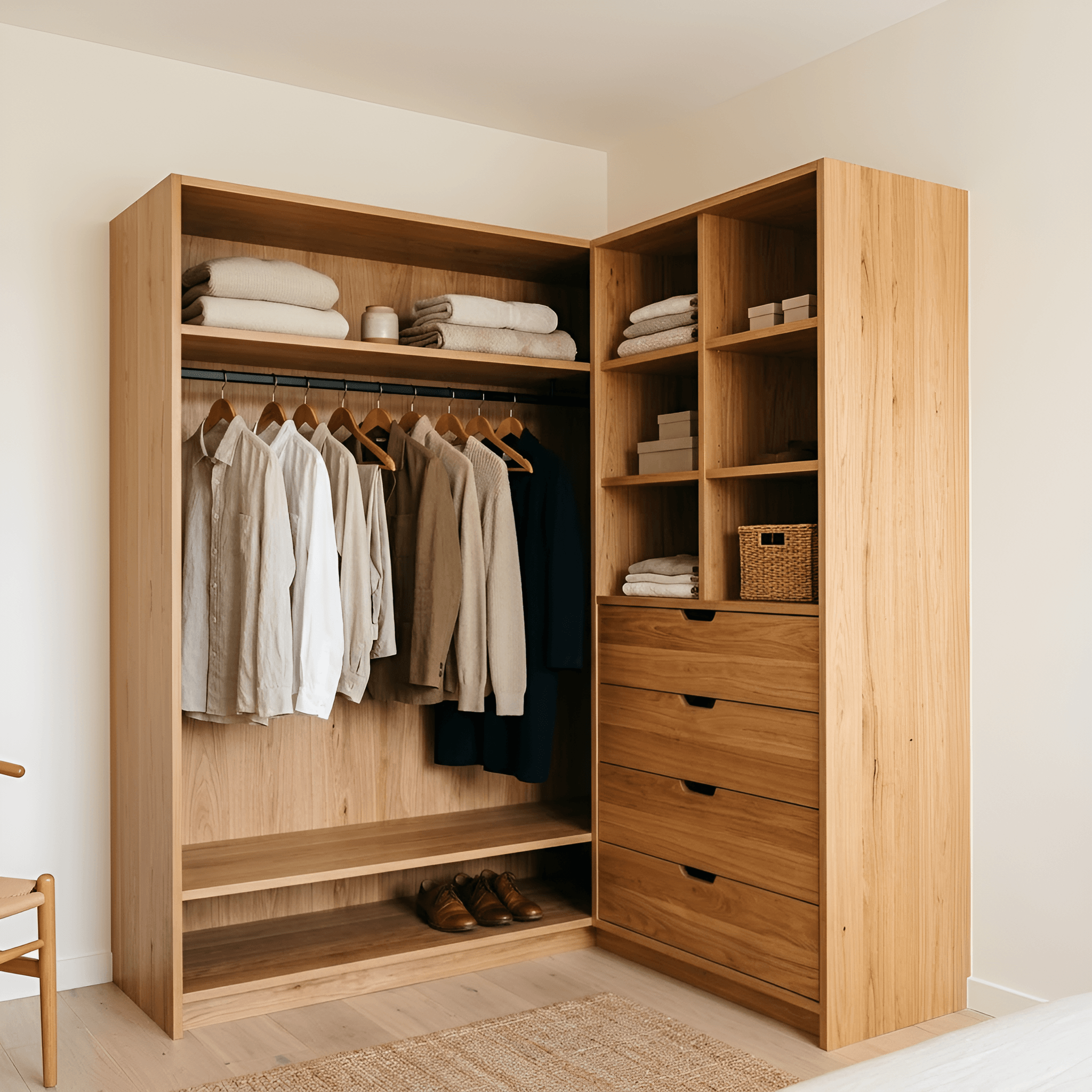 An open wardrobe fit-out in Australian oak with a hanging rail and drawer bank