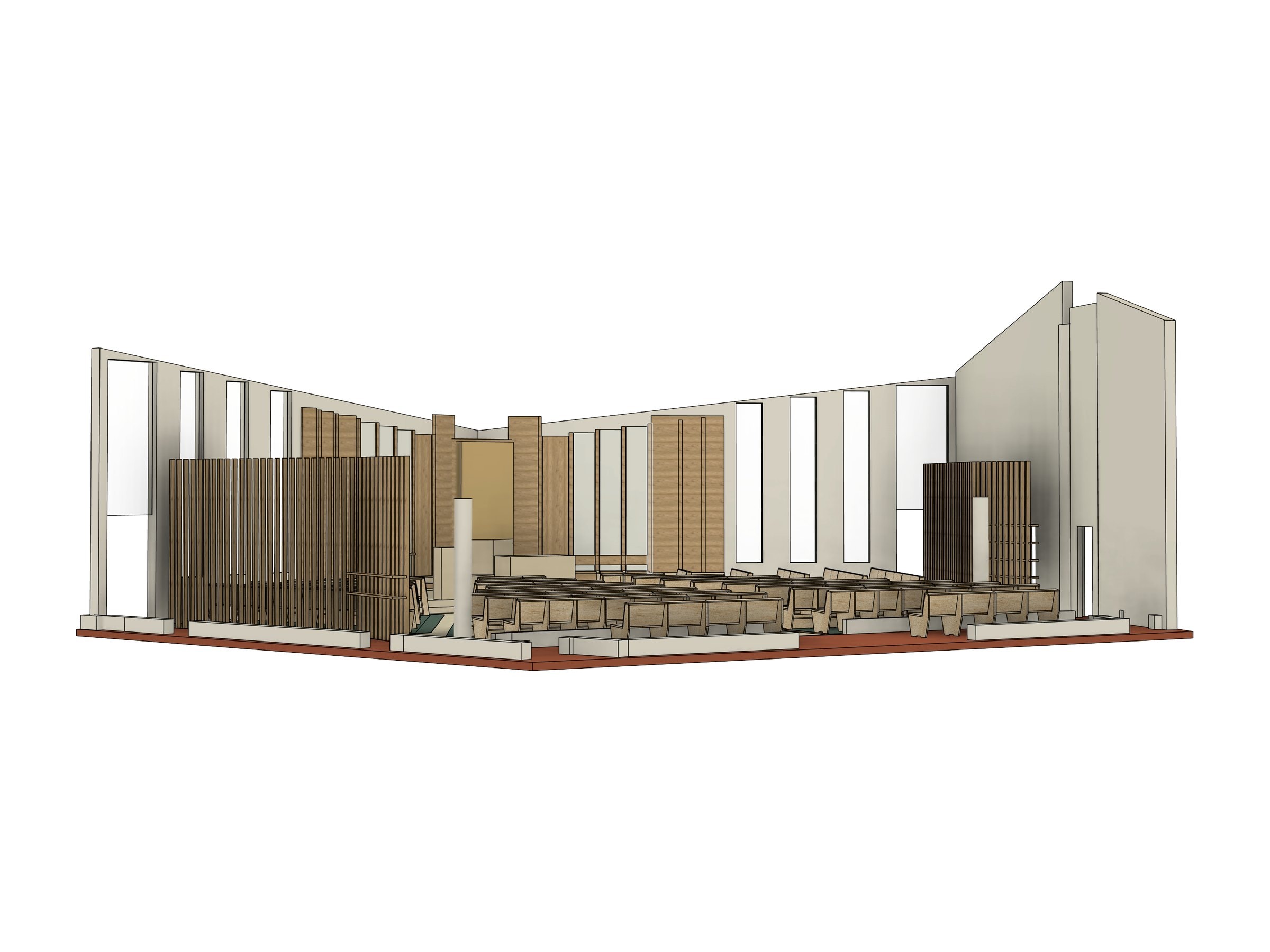 3D model of the chapel pews in its room: the pews and kneelers laid out through the nave and both wings, before the altar