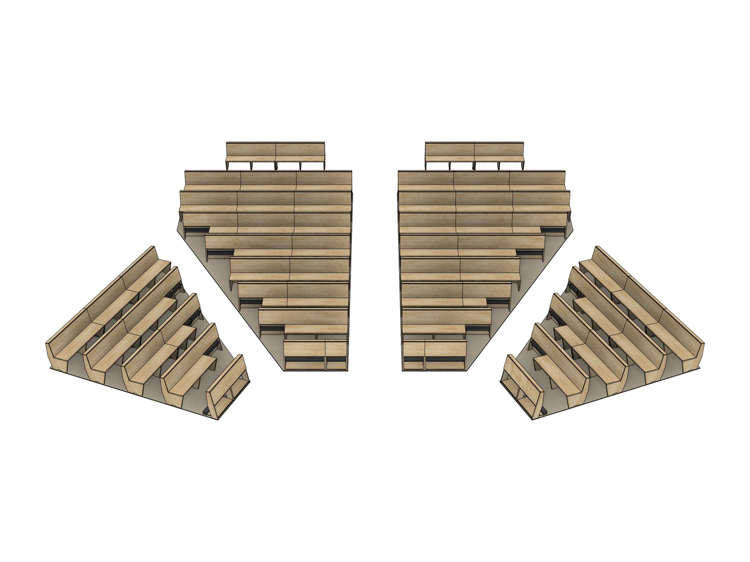 3D model of the chapel pews on its own: the nave blocks either side of the aisle and the angled rows of both wings