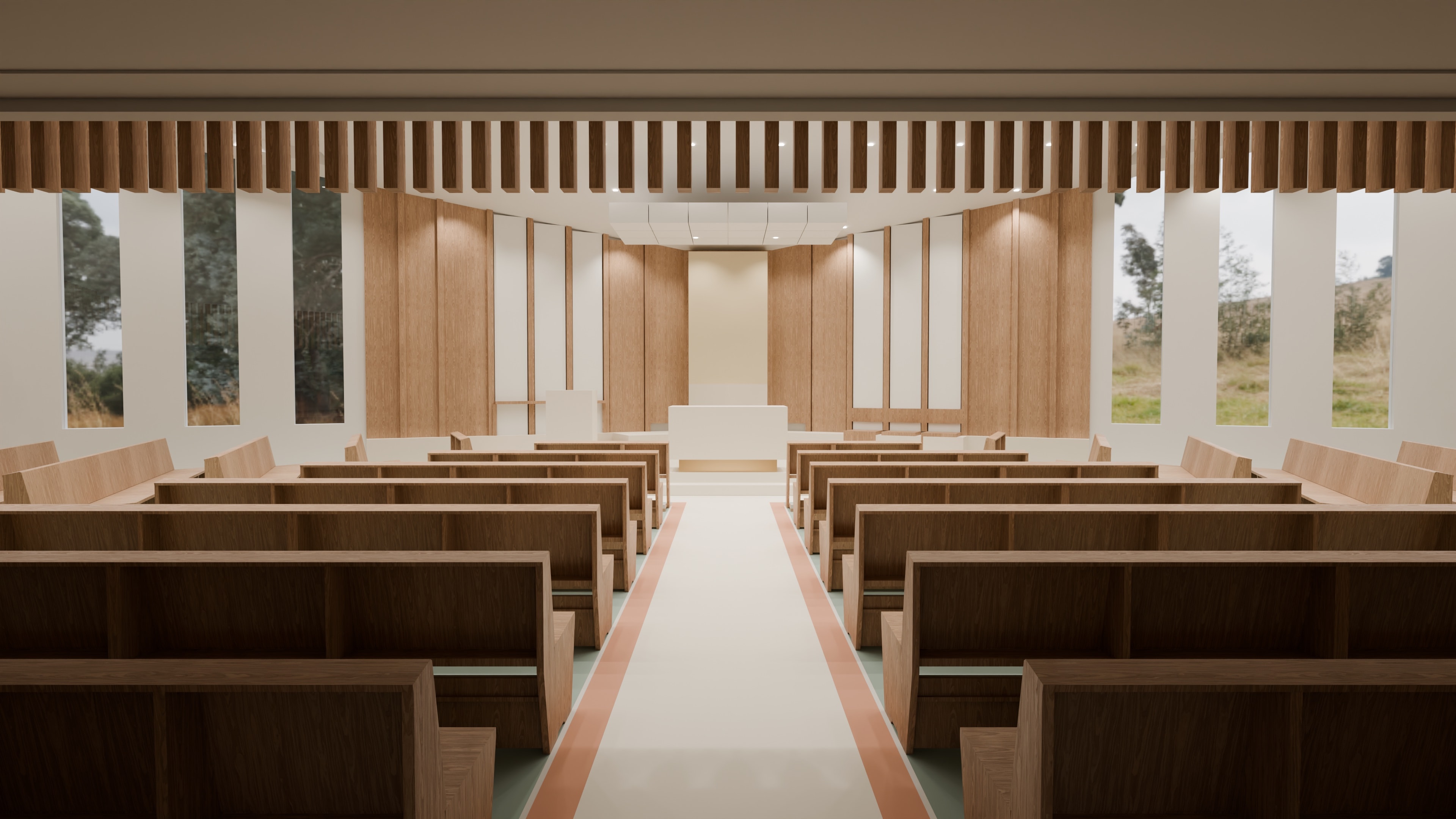 The chapel as drawn: timber pews either side of the centre aisle, from under the choir gallery to the altar