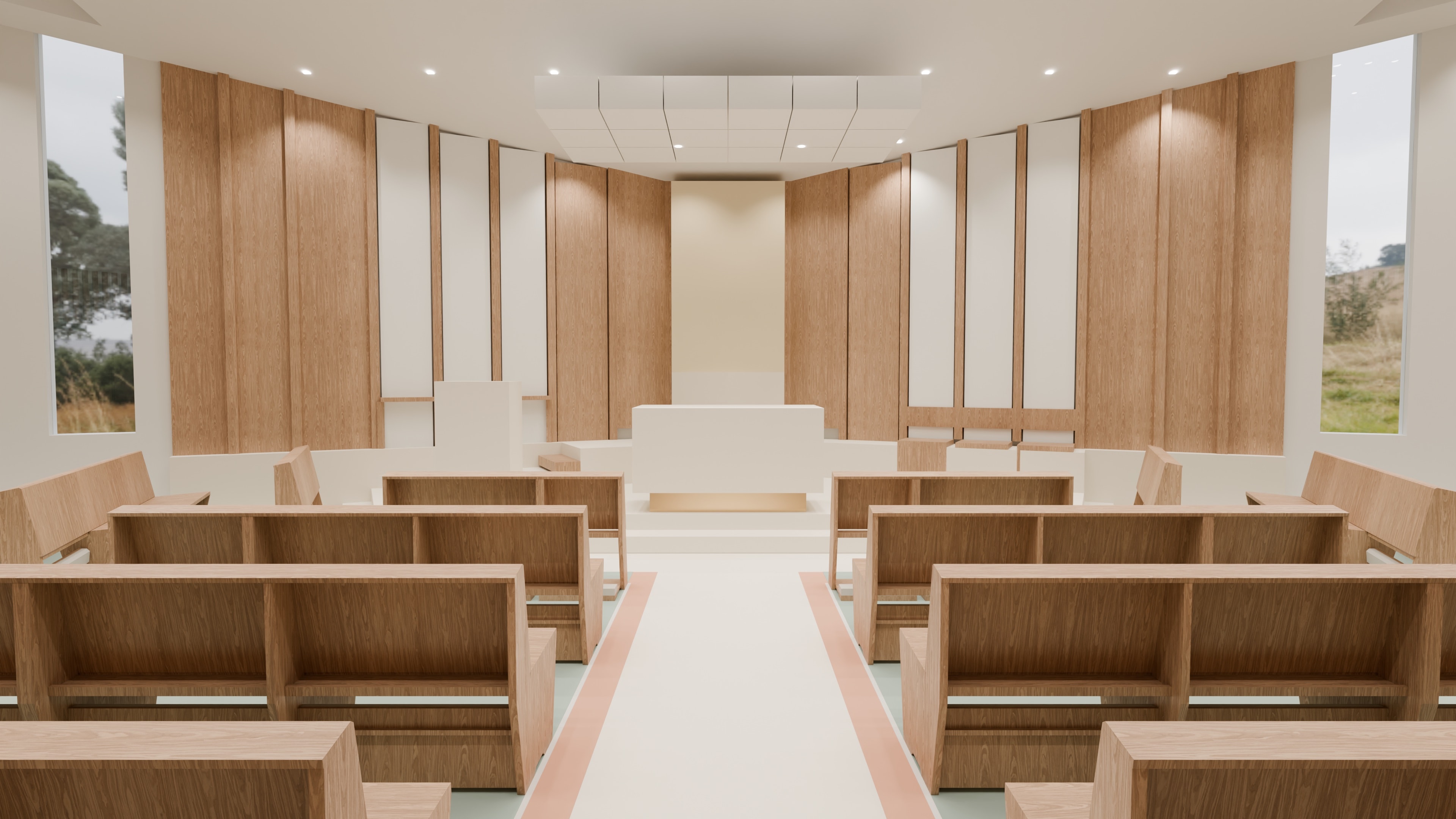 The chapel as drawn: the front rows of pews and the angled wing pews before the altar and the tall windows