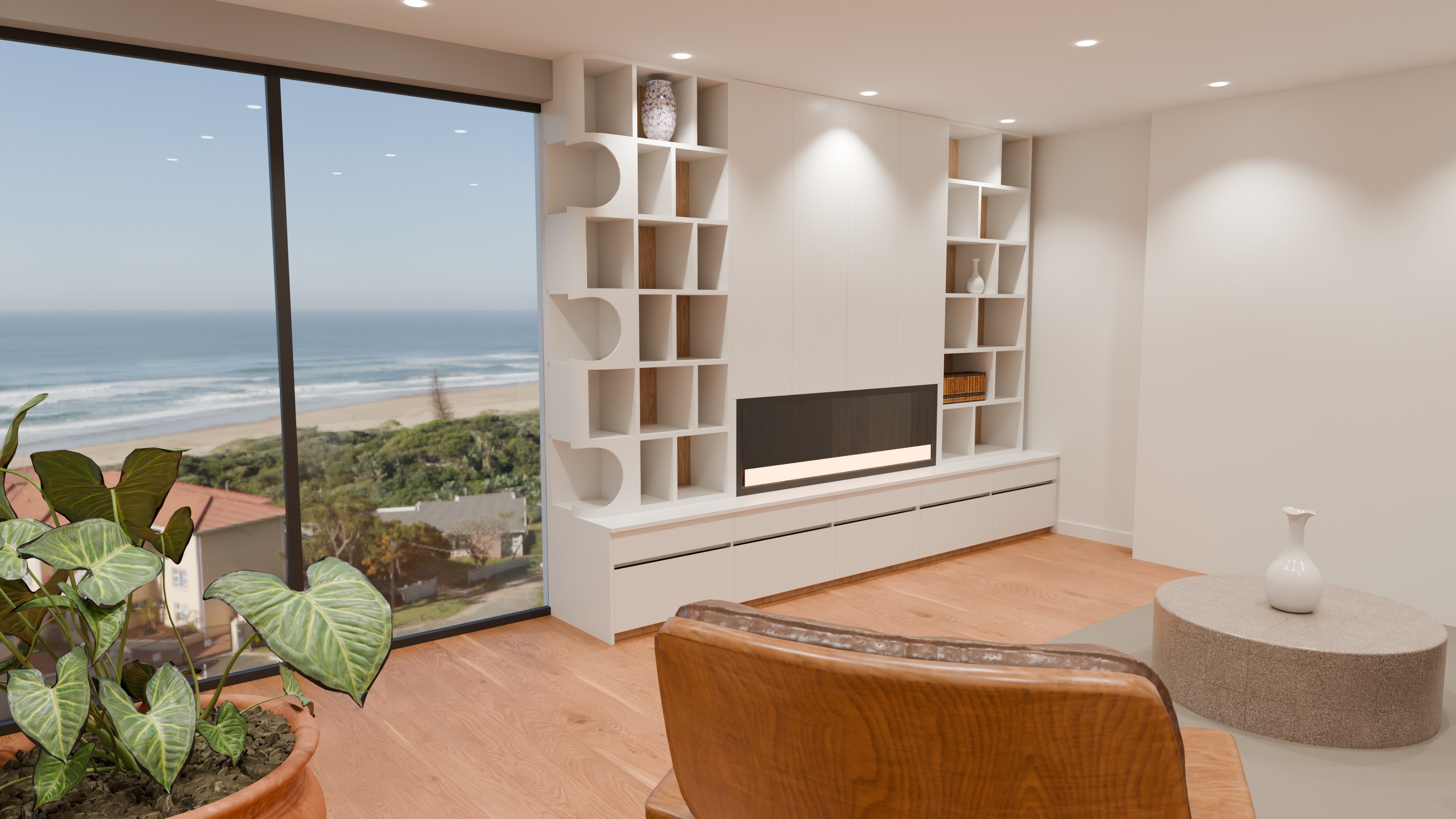 The fireplace wall as drawn: the shelving and the fireplace seen from the window side