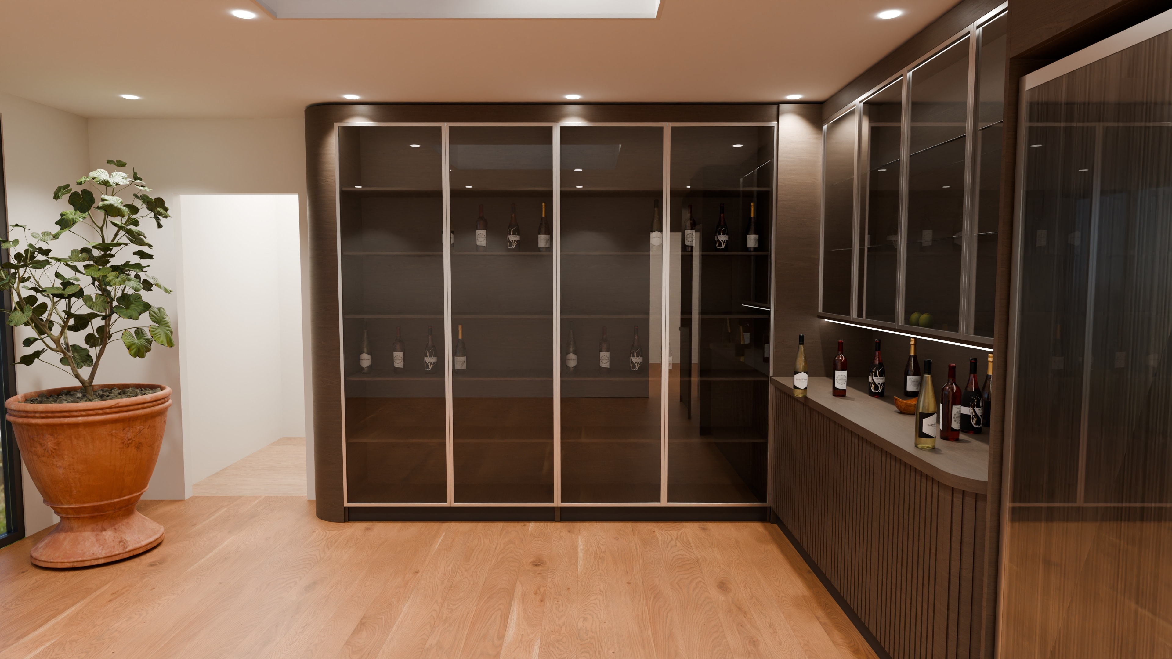 The living room bar wall as drawn: tall glazed display cabinets beside a fluted timber bar