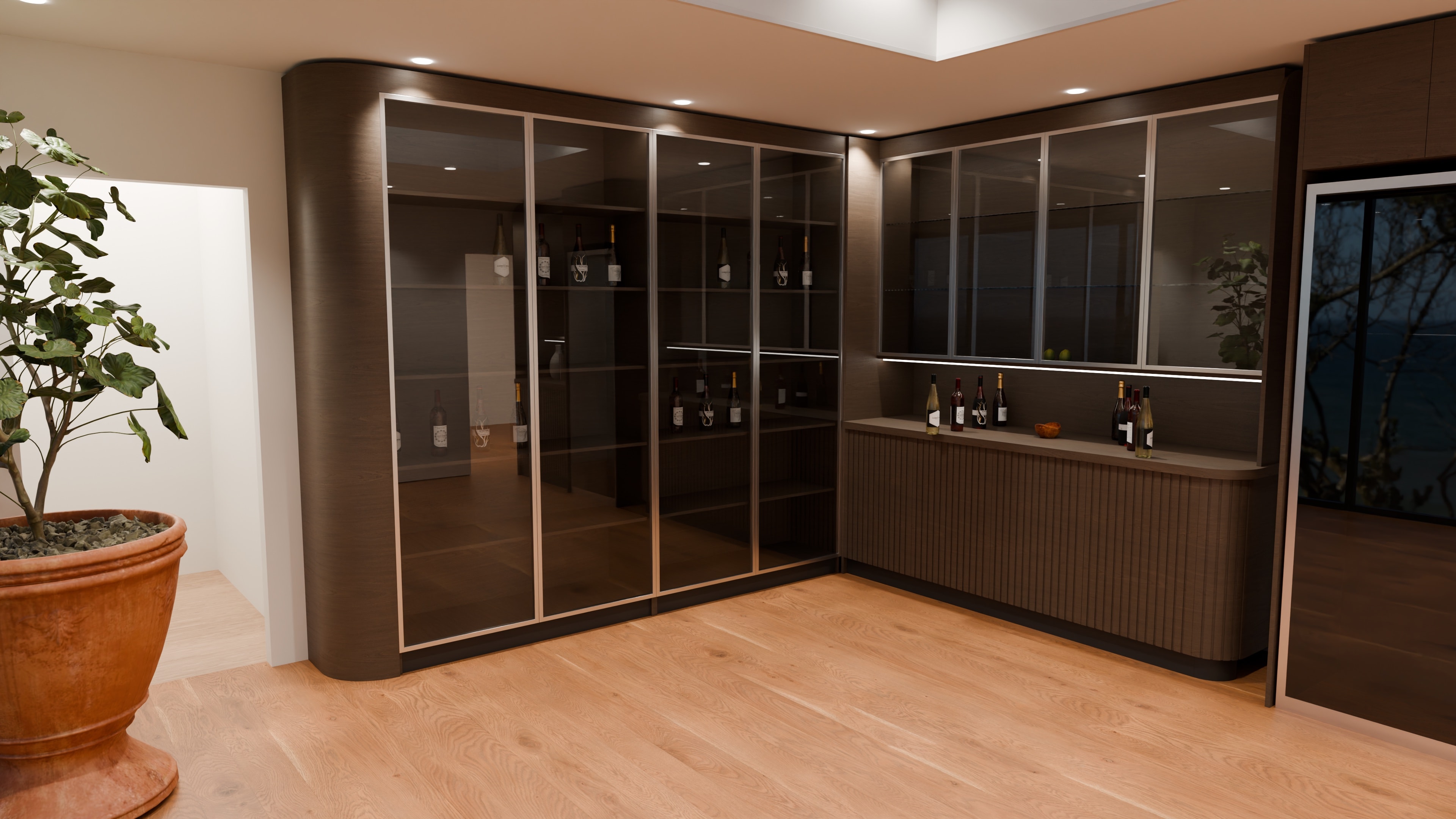 The living room bar wall as drawn: the curved corner of the glazed cabinets and the fluted bar