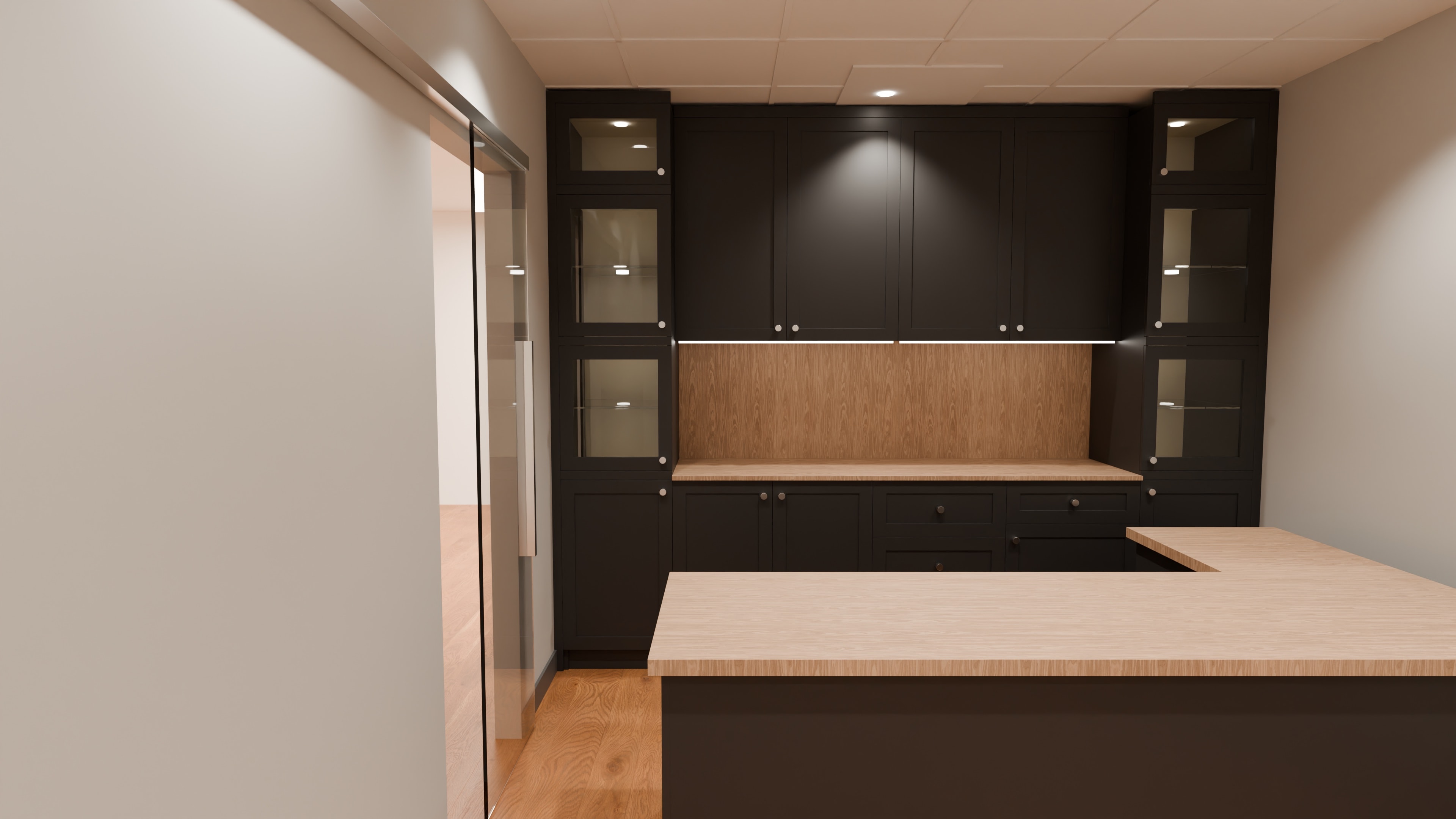 The office back wall as drawn: dark cabinets with glazed ends around an oak panel, behind the counter