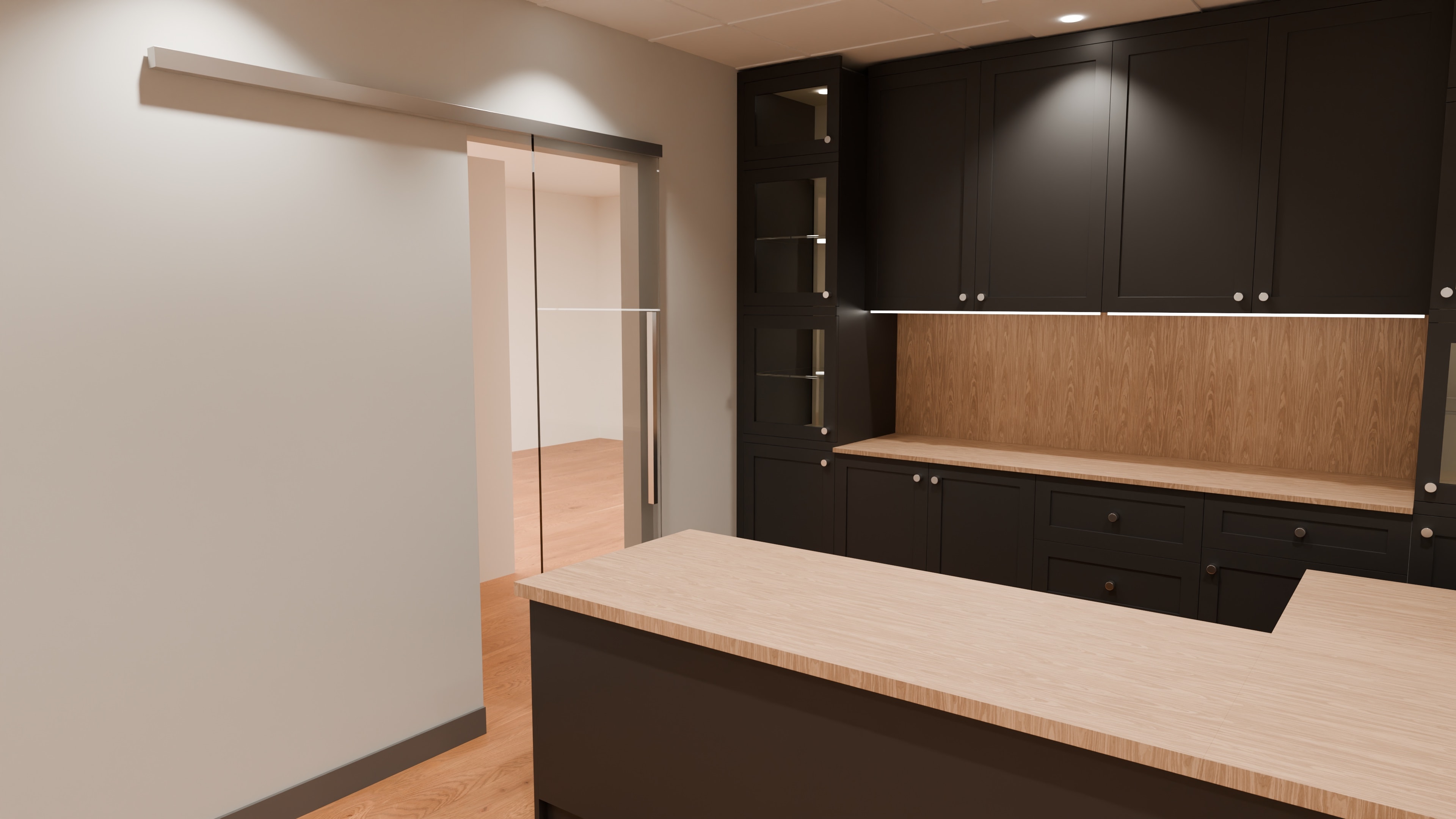 The office back wall as drawn: the cabinets and the counter seen from the doorway