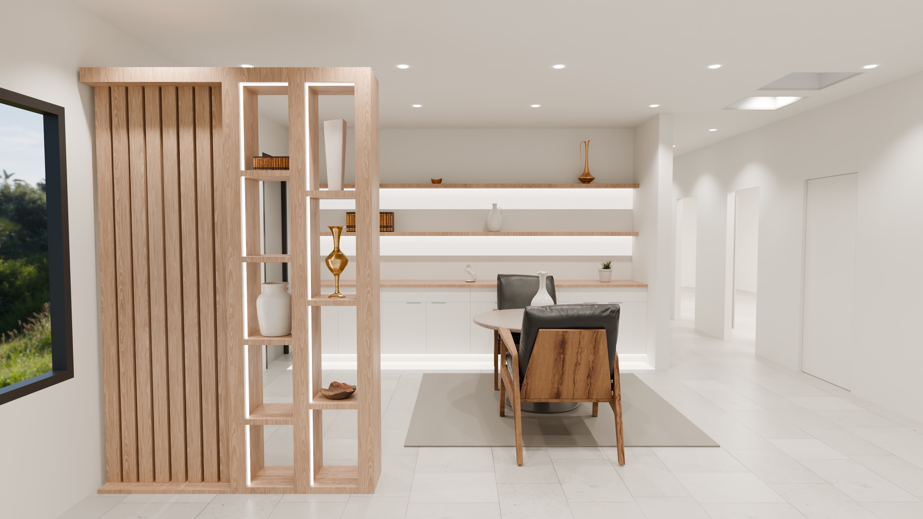 The slat divider as drawn: timber slats beside lit open shelving, with the dining space behind