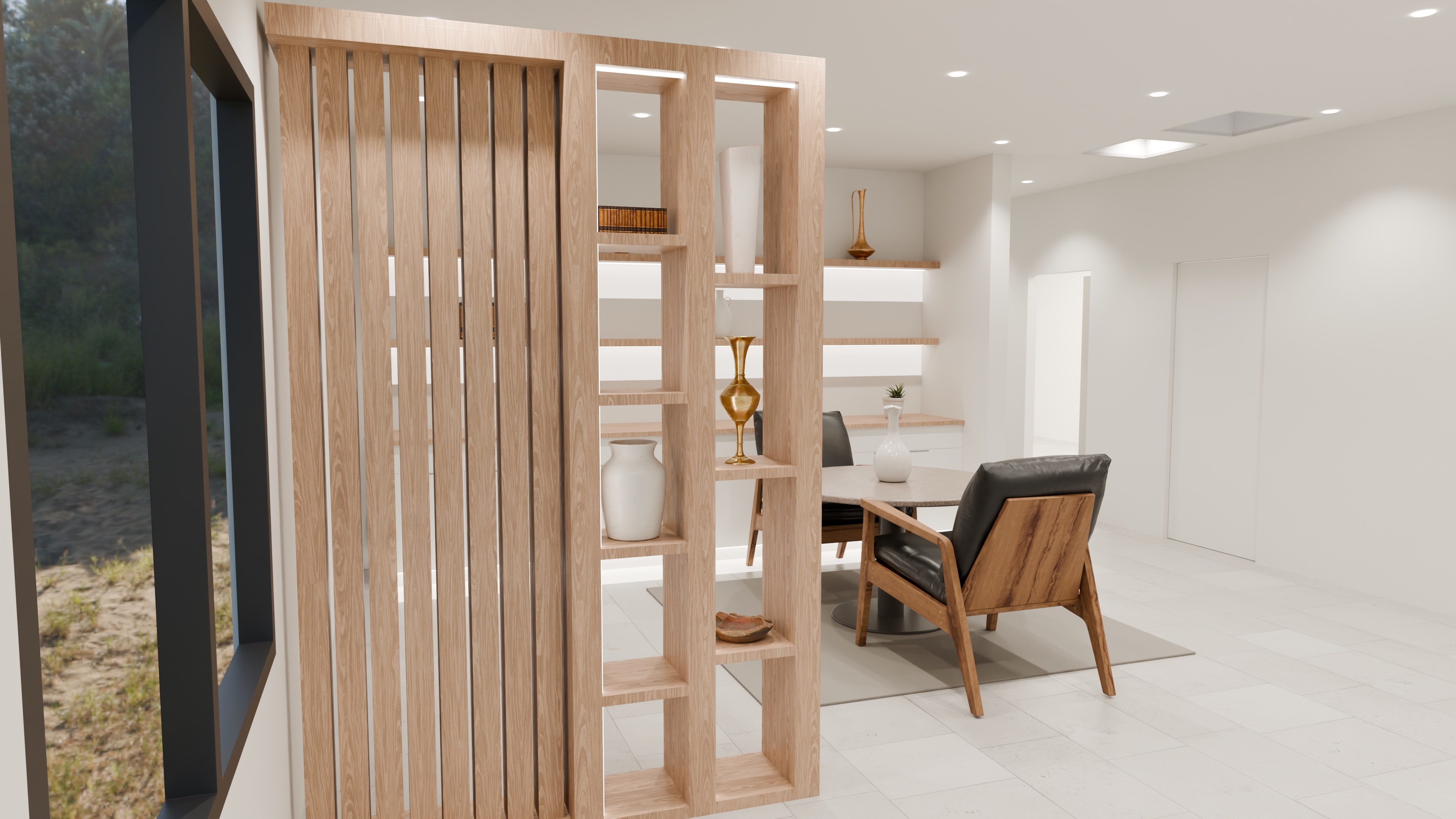 The slat divider as drawn: the slats and the shelving seen from the window