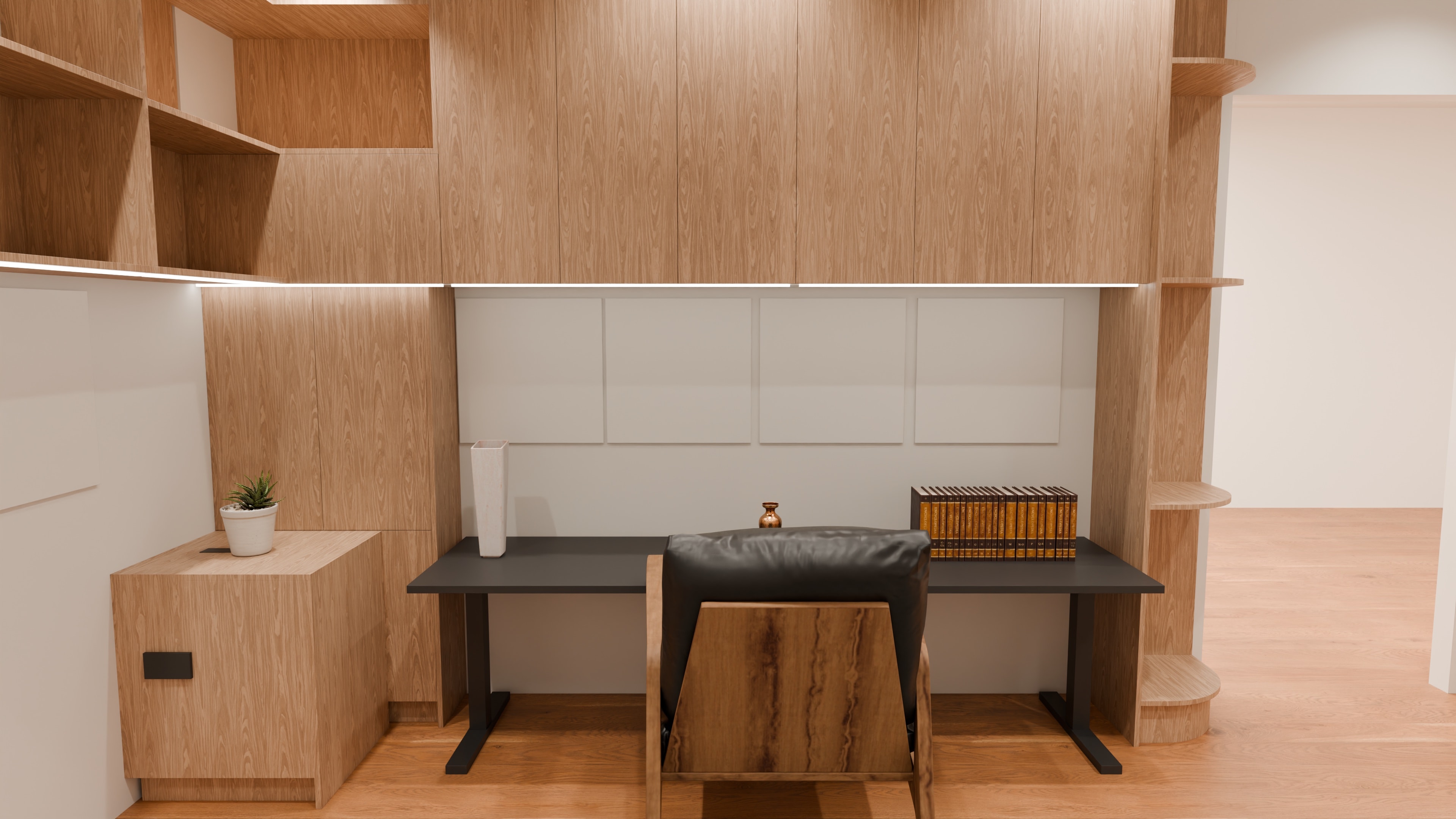 The study as drawn: oak overhead cabinets and open shelving around the desk wall
