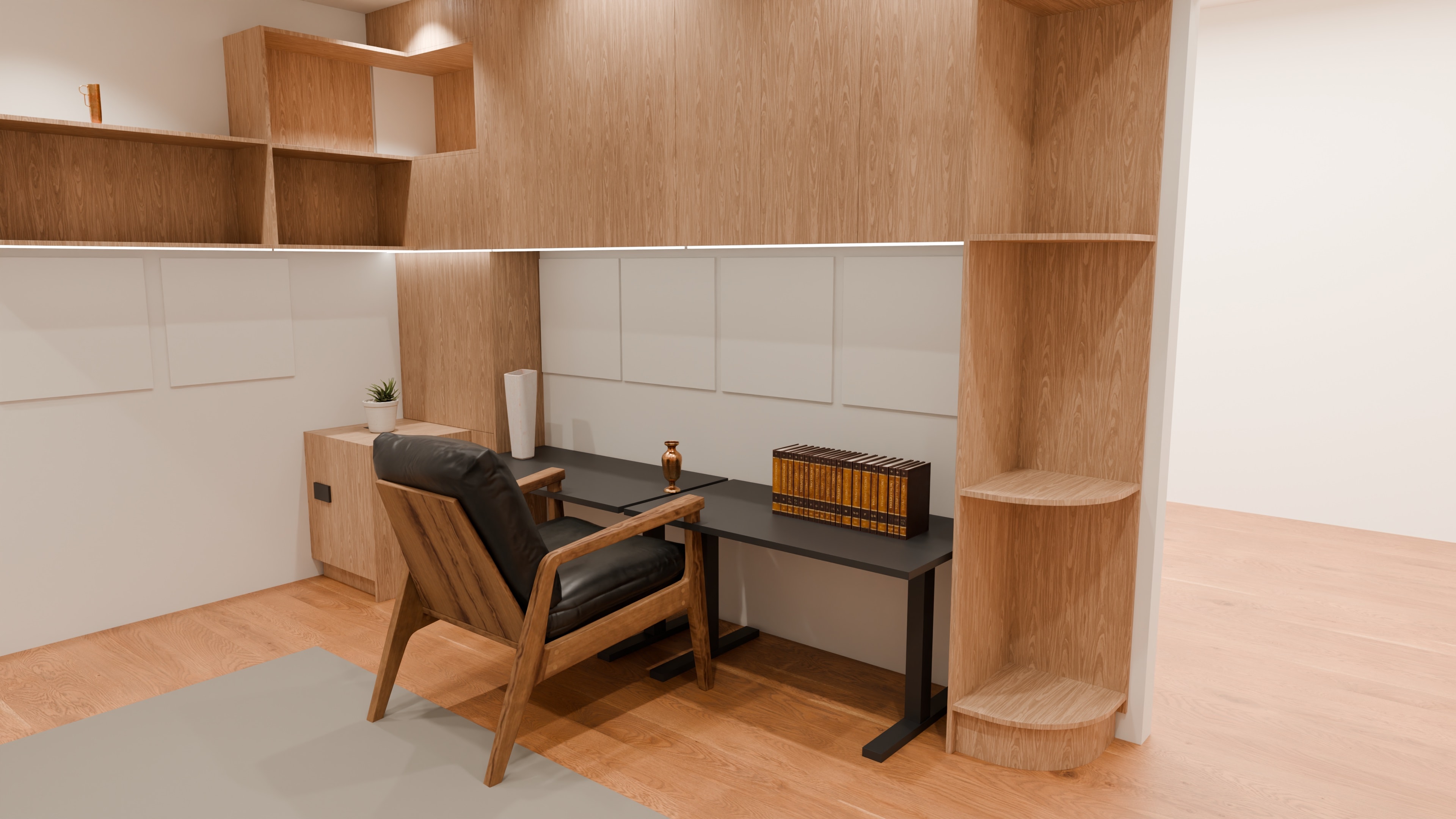 The study as drawn: the desk wall and the curved corner shelves