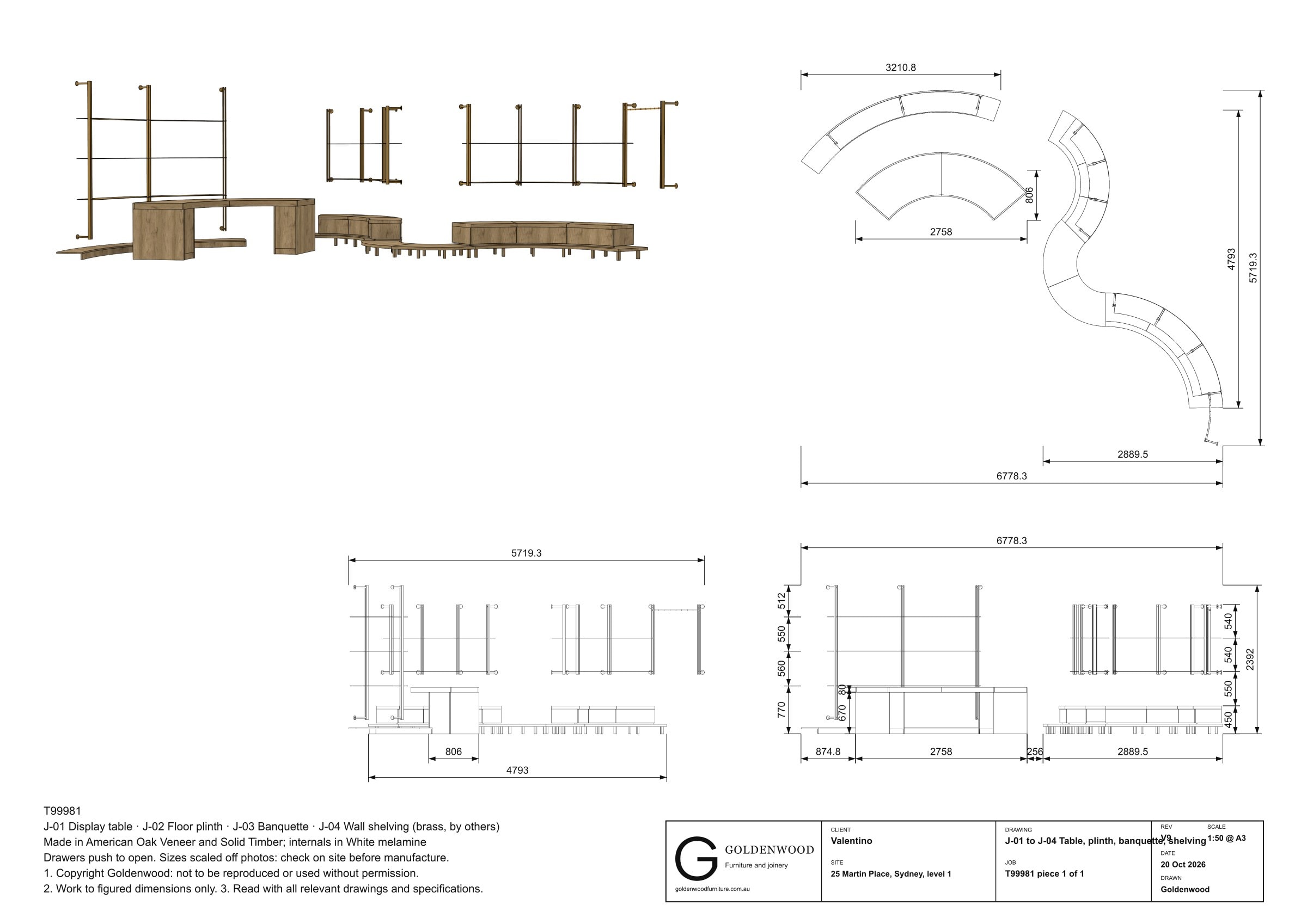 Customer sheet: plan, elevations and 3D view, dimensioned