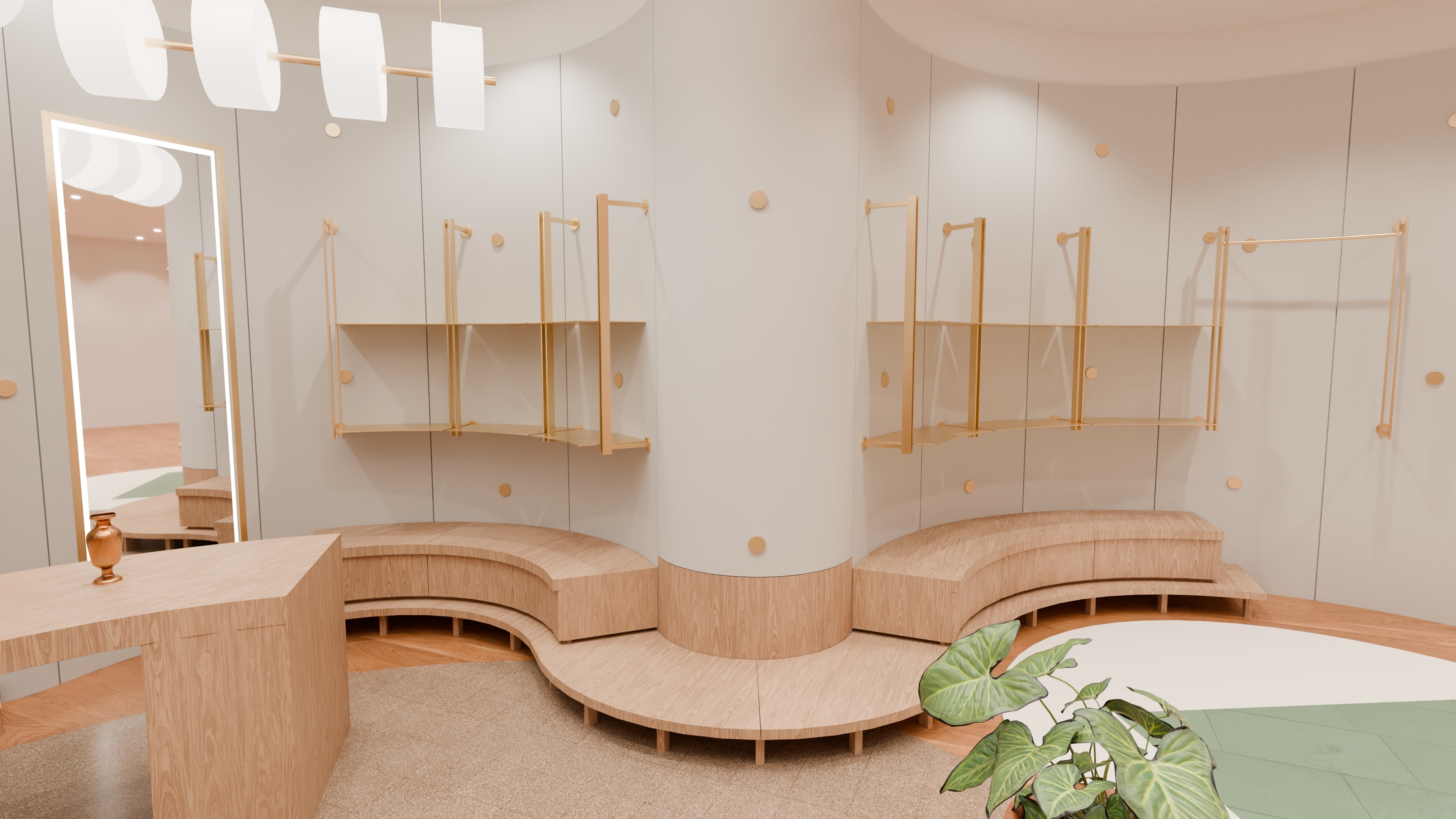 The Valentino boutique as drawn: curved timber bench seating round the column, under brass wall rails and shelves