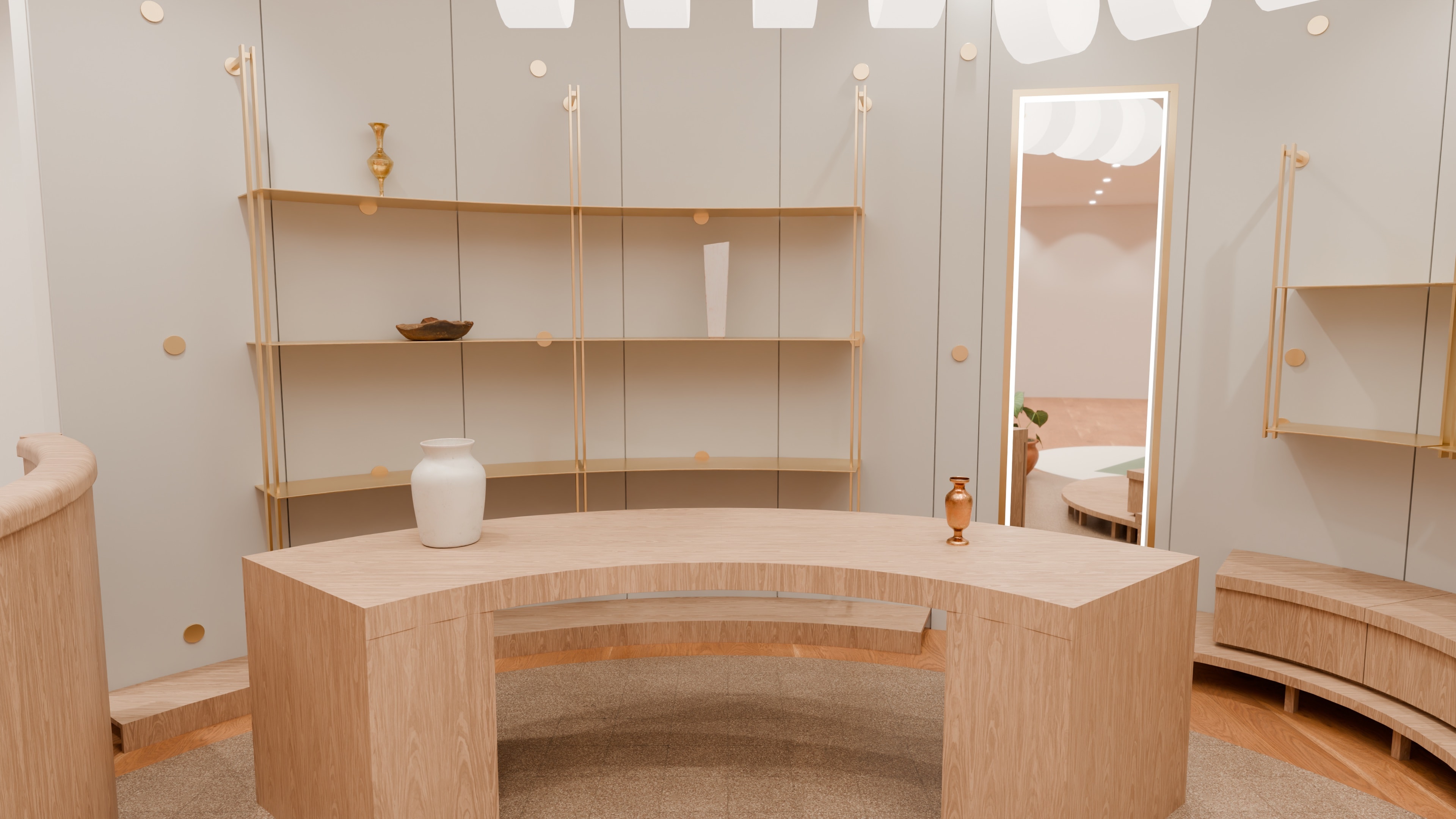 The Valentino boutique as drawn: the curved timber counter in front of brass shelving and a lit mirror
