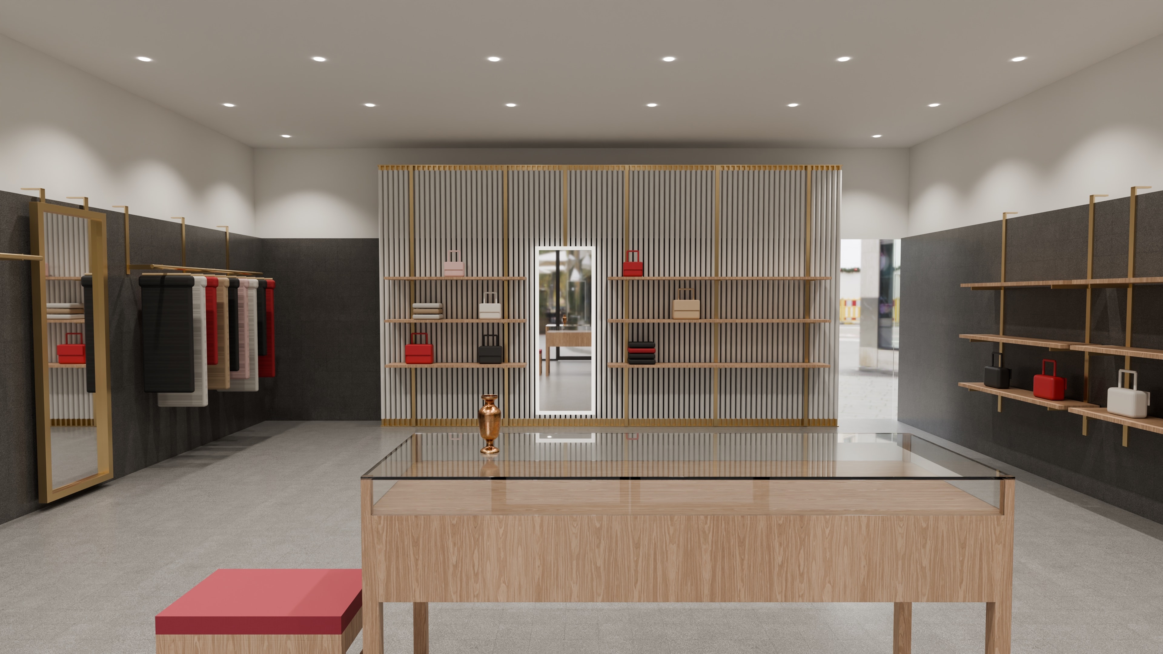 The Valentino store as drawn: a timber and glass display table before the slatted feature wall and its brass shelves