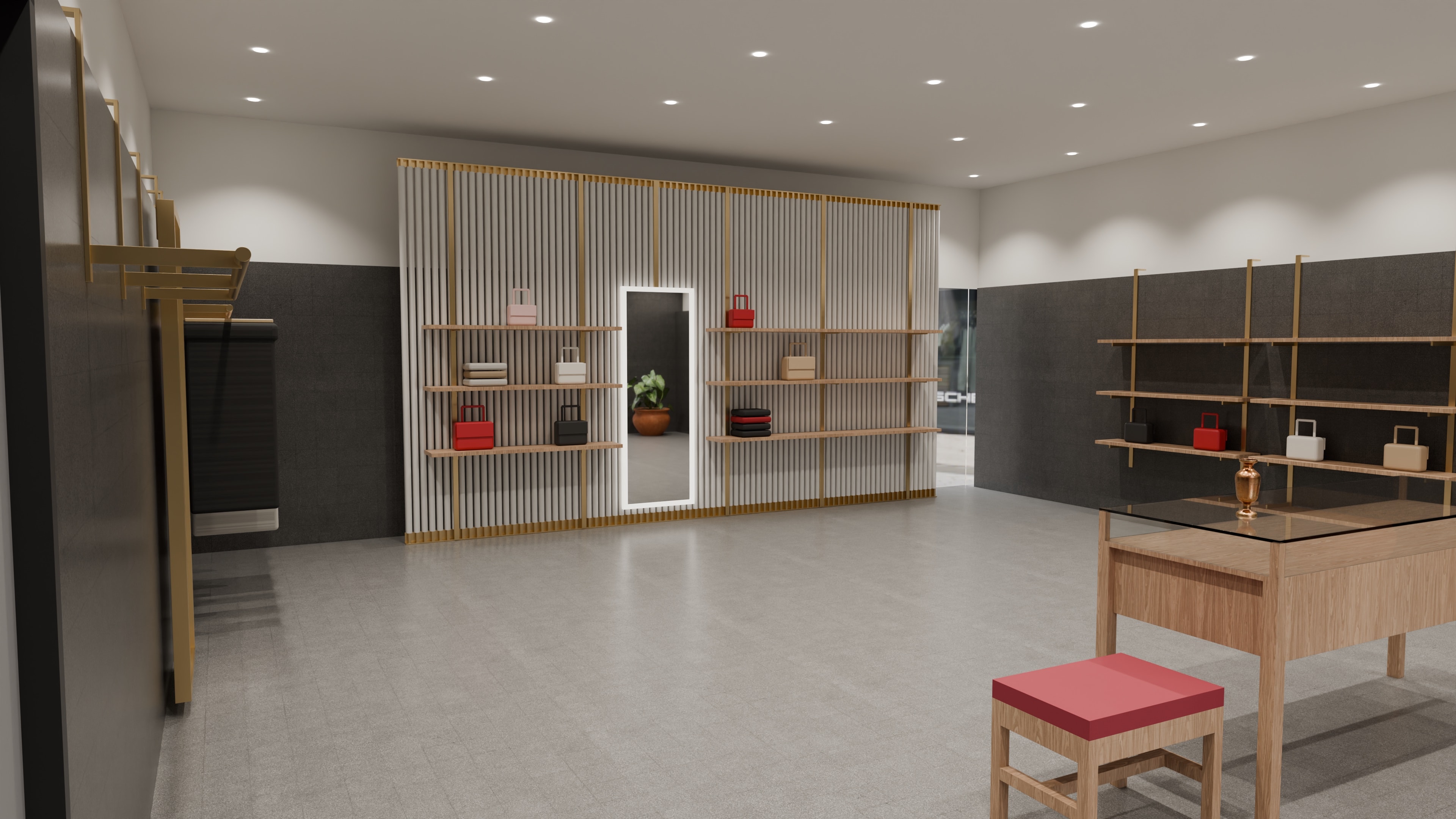 The Valentino store as drawn: the slatted feature wall and the brass wall shelving, seen from the side