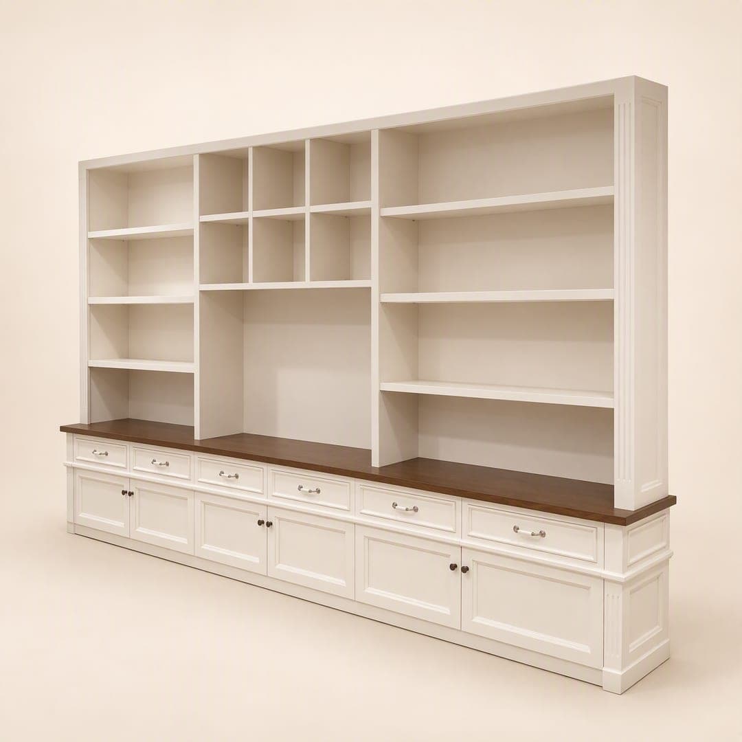 Design render of a white bookcase with a timber top, open shelves above and drawers and cupboards below