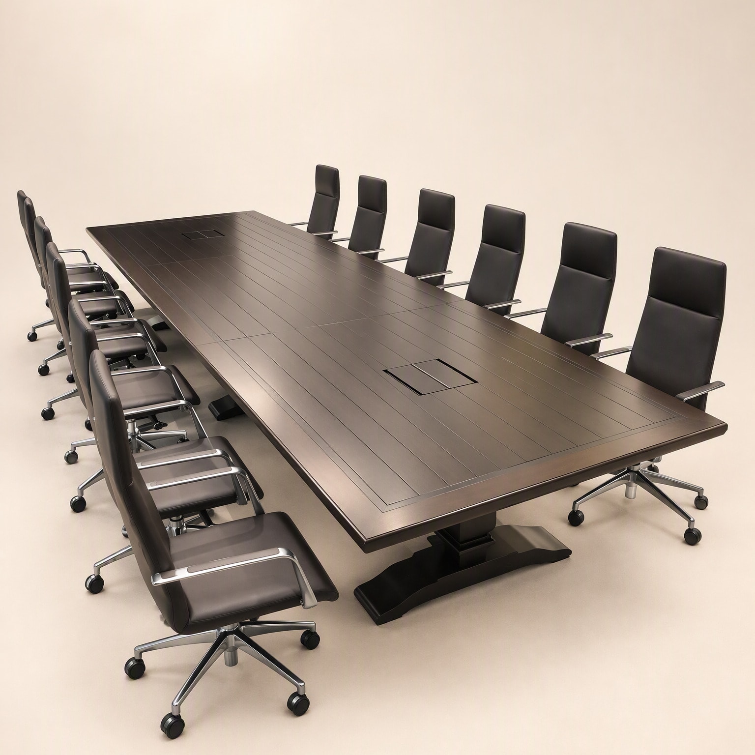 A long boardroom table with a dark timber top, ringed by leather office chairs