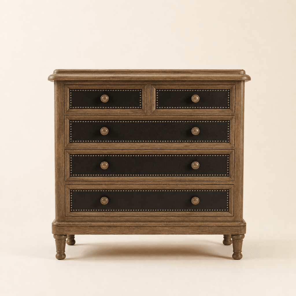 The Belmont Tall Boy: five black drawer fronts with stud trim on turned feet