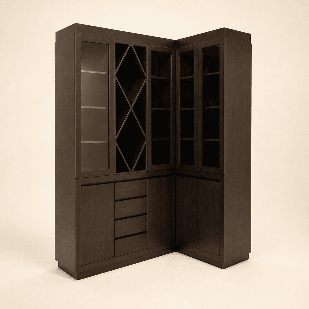 The Sommelier Corner Display: glazed cabinets and diamond wine racks around a corner
