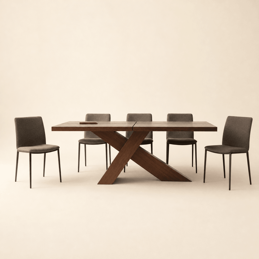 The Xavier Dining Table in Tasmanian Oak on crossed trestle legs, with six chairs