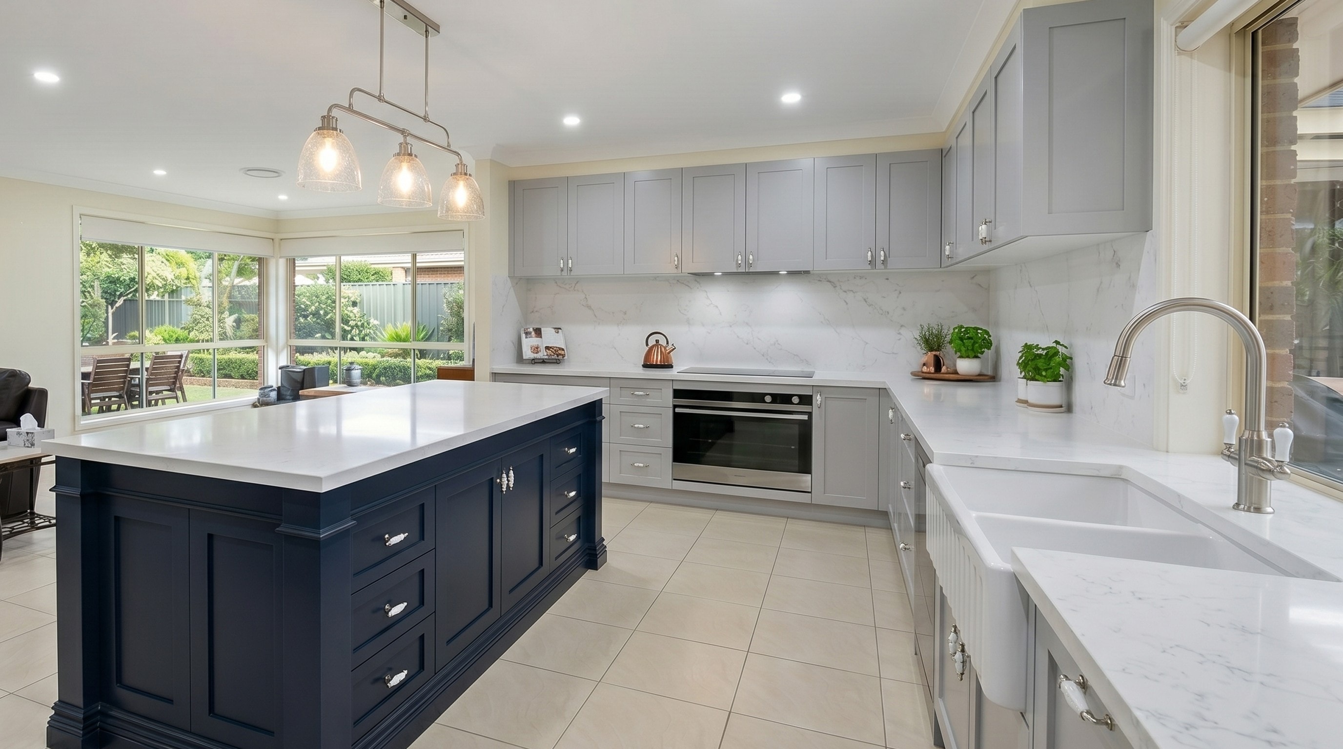 A grey shaker kitchen with a navy island of shaker doors and cup-handle drawers, white stone benchtops and a farmhouse sink